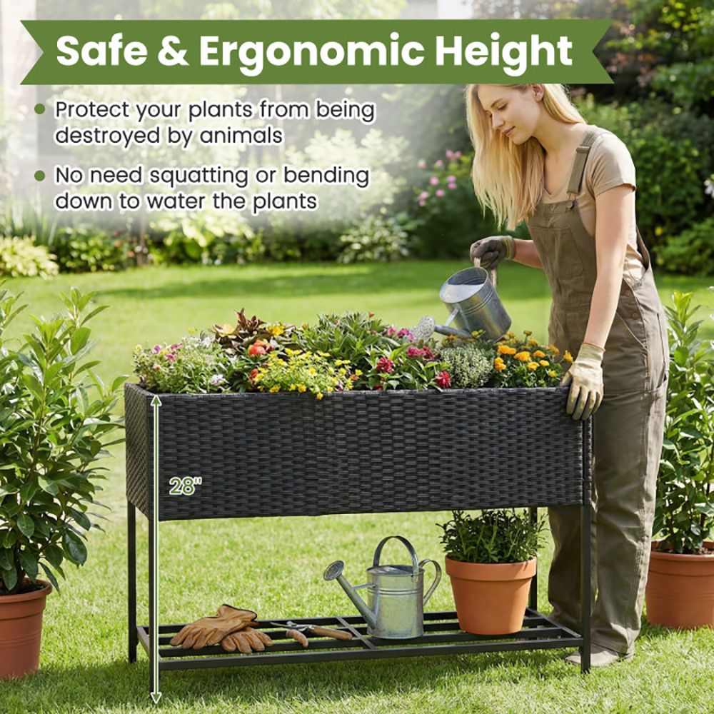 Raised Wicker Garden Bed with Storage Shelf and Removable Liner
