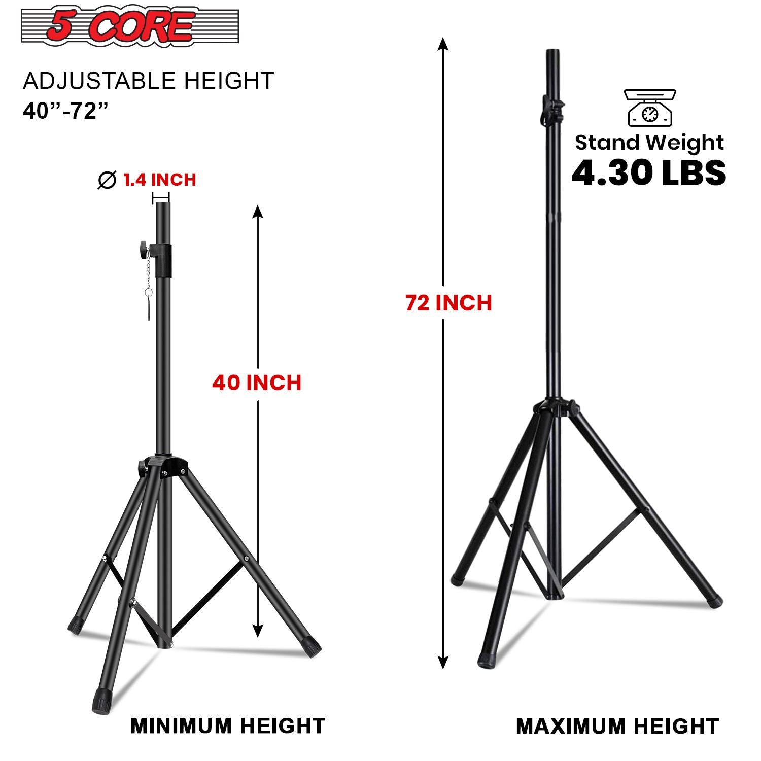 5 Core Speaker Stand Tripod Floor Tall Adjustable Up to 72 Inch DJ Studio Monitor Stands Pole Mount - SS ECO 1PK WOB