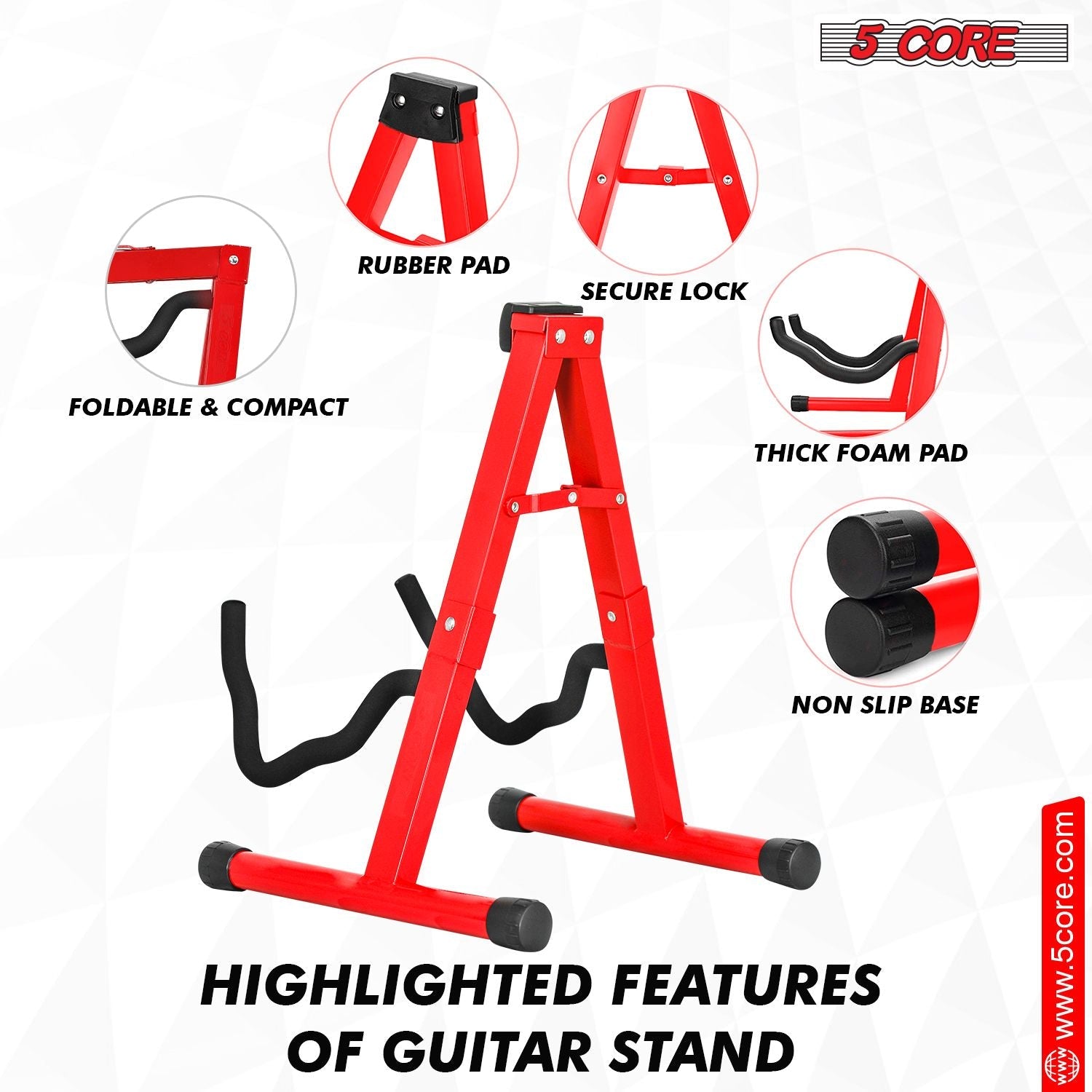 5 CORE Double Guitar Stand Floor Adjustable Heavy Duty A Frame Universal Folding Acoustic Electric Bass Mandolin Banjo Violin Holder Stands For On Stage Studio - GSS RED
