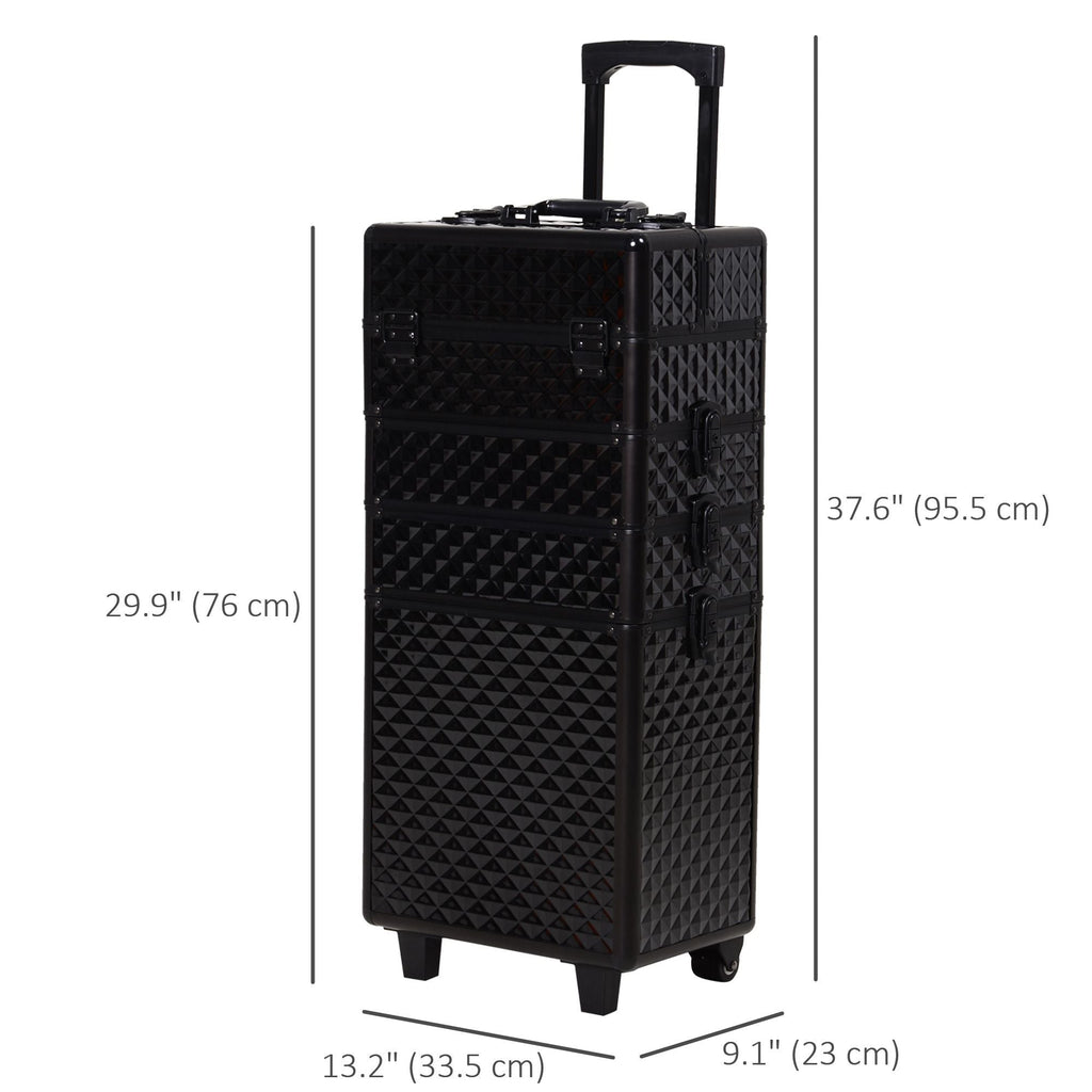 4 in 1 Makeup Train Case Portable Aluminum Rolling Cosmetic Organizer Trolley with Wheels Multiple Compartments Black