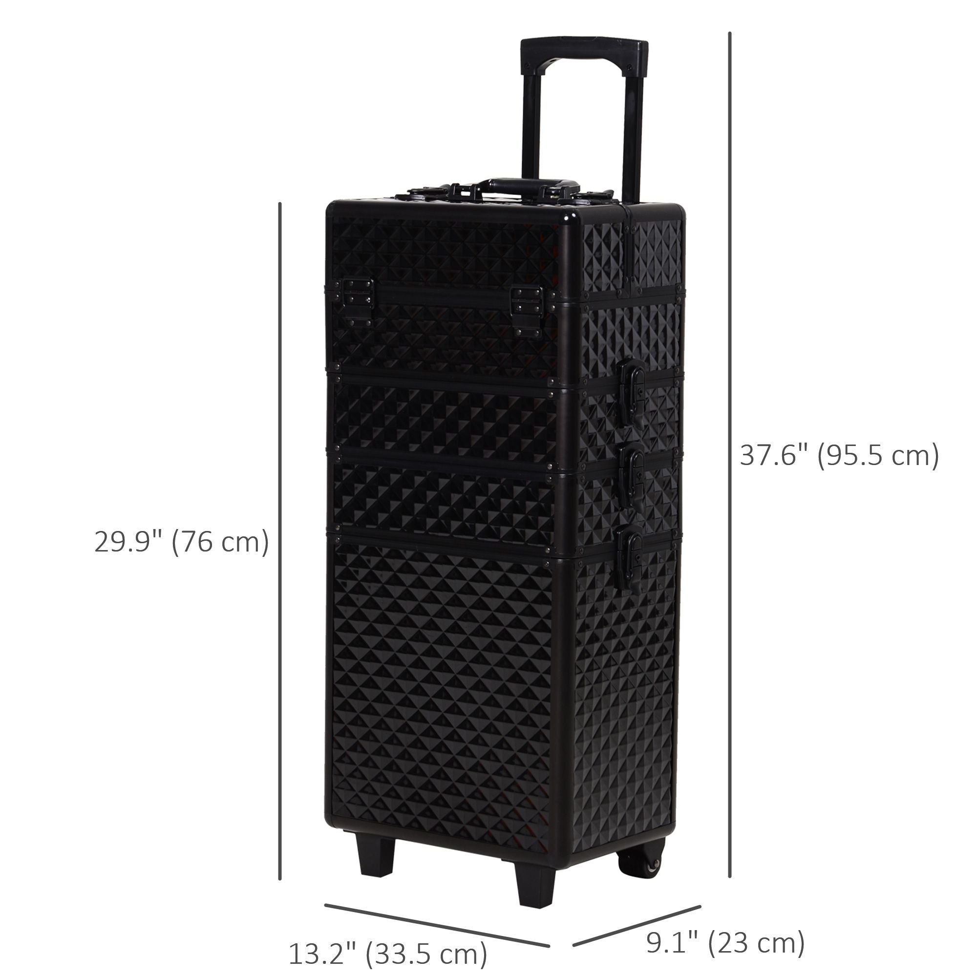 4 in 1 Makeup Train Case Portable Aluminum Rolling Cosmetic Organizer Trolley with Wheels Multiple Compartments Black