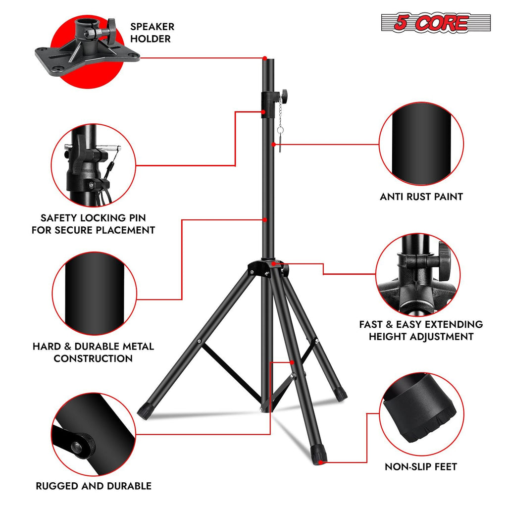 5 Core Speaker Stand Tripod Floor Tall Adjustable Up to 72 Inch DJ Studio Monitor Stands Pole Mount - SS ECO 1PK WOB