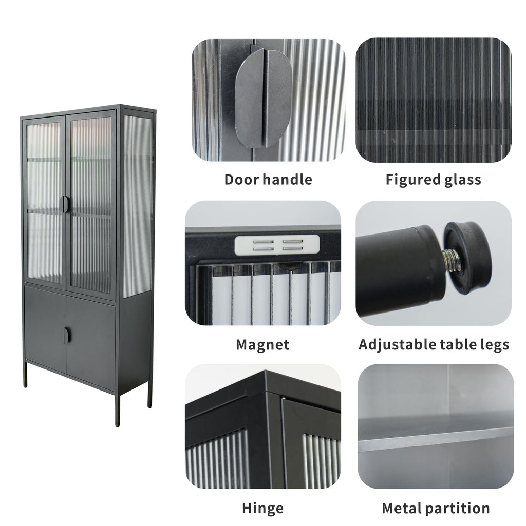 Elegant Matte Black Metal and Glass Storage Cabinet with Adjustable Shelves