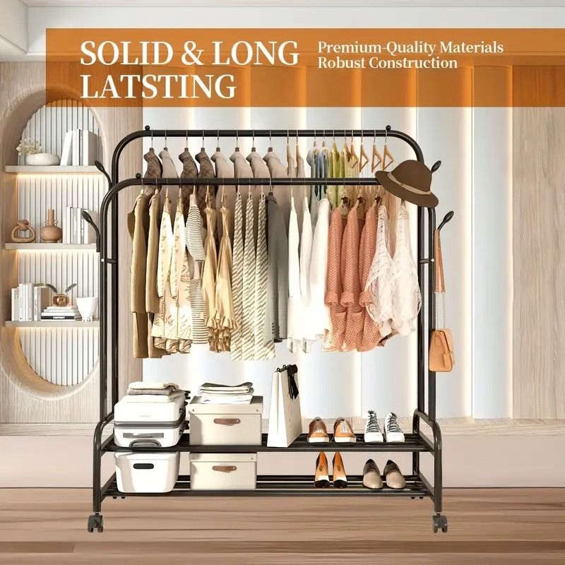 Heavy-Duty Rolling Metal Garment Rack with Dual Bars - Portable Clothes Hanger w/Shelves - Hooks, Multi-Functional Wardrobe Organizer for Bedroom/Laundry,