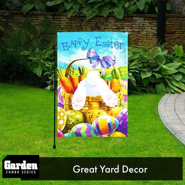 Combo Pack Garden Flag Stand Black 36x16 Inch & Garden Flag Happy Easter Carrots Colorful Eggs with Bunny in Basket 12x18 Inch