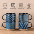 12 OZ Stackable Coffee Mugs, Ceramic Coffee Mugs with Texture Patterns for Man,Woman,Dad,Mom, Modern Coffee Mugs Set of 4 for Latte/Cappuccino/Cocoa. Dishwasher&Microwave Safe