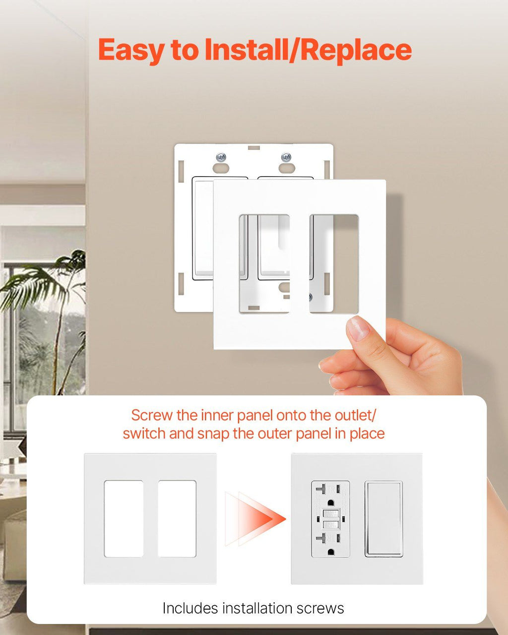 VEVOR Rocker Light Switch Wall Plates, 2-Gang Decorative Outlet Covers,Standard Size 4.57in L x 4.53in H Unbreakable Polycarbonate Thermoplastic Faceplate for Receptacle Outlet&Switch(5 Pack, White)