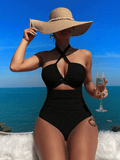 Ladies' cross pleated sexy hanging neck and exposed waist one-piece bikini swimsuit