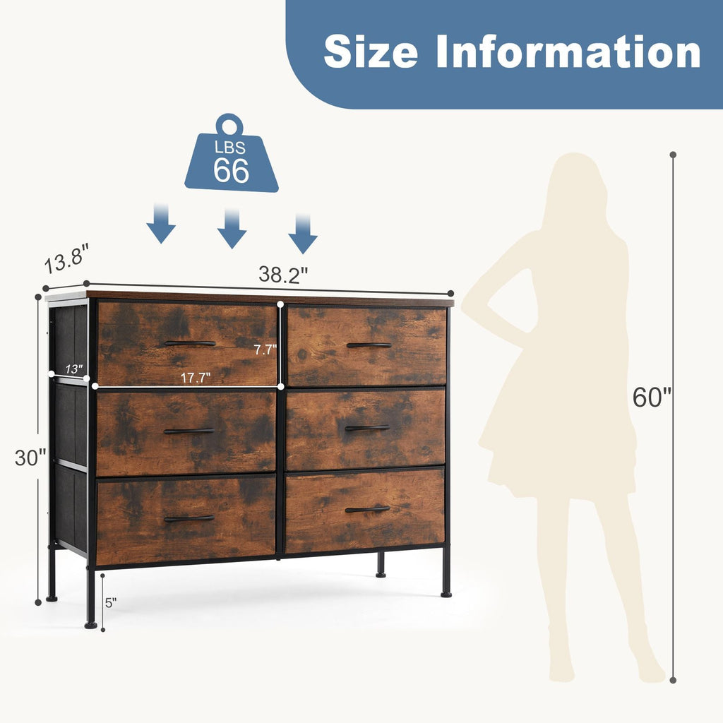 Dresser for Bedroom 6 Drawers Wide Fabric Storage Units Chest of Drawers for Bedroom with Metal Frame and Wooden Top for TV