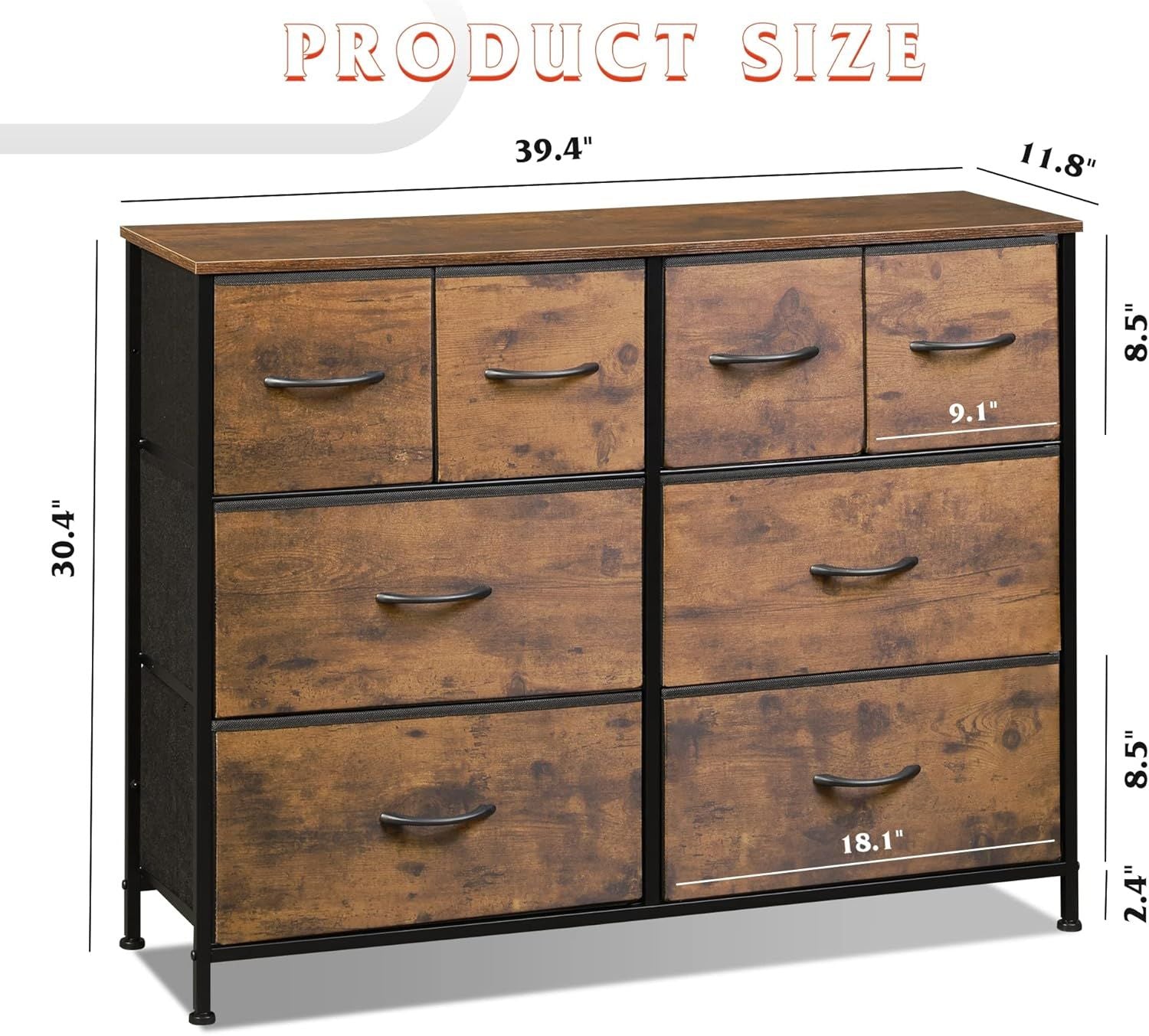 Dresser for Bedroom with 8 Drawers, Wide Fabric Dresser for Storage and Organization, Chest of Drawers, Dressers for Living Room, Closet, Hallway, Dark Grey