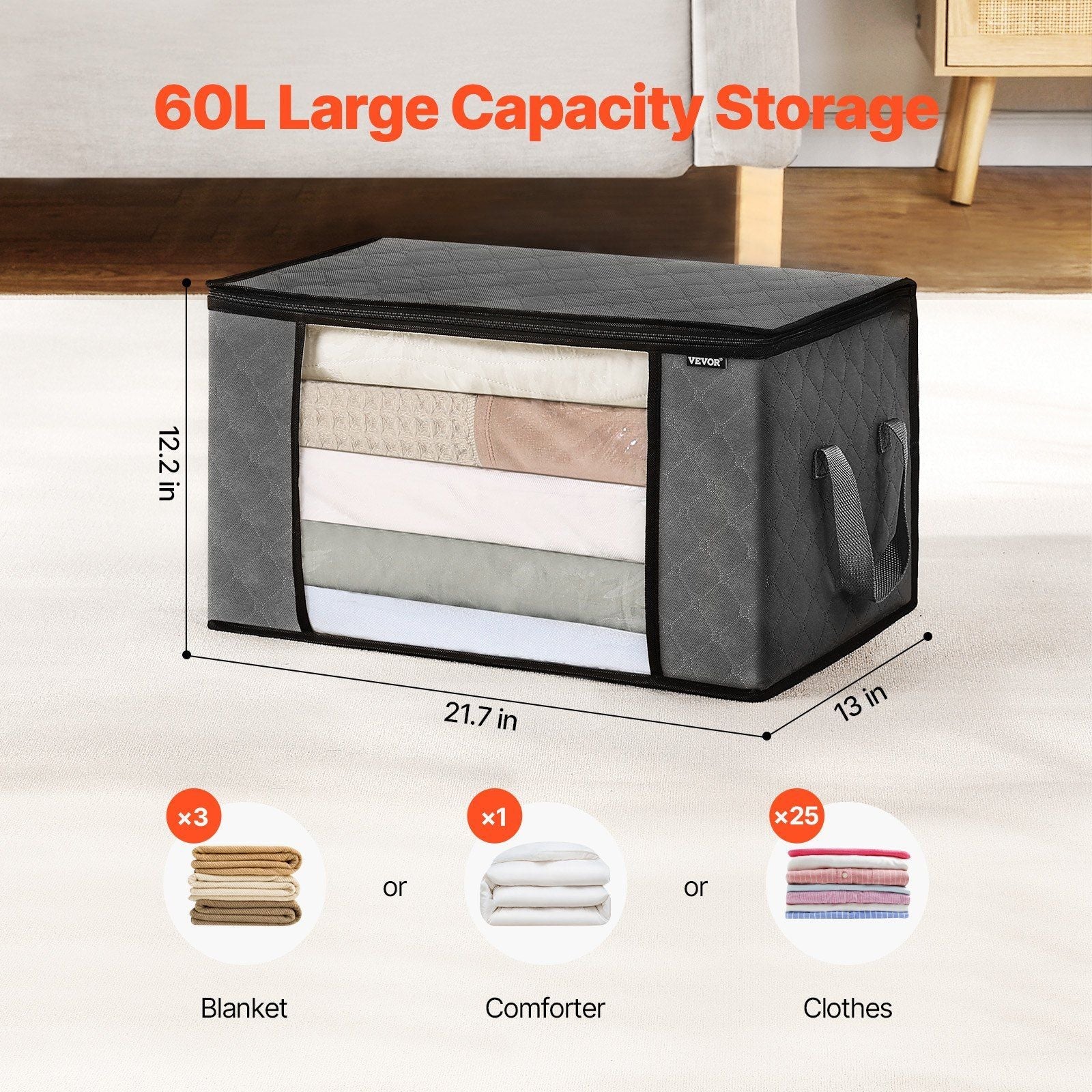 VEVOR 60L Large Storage Bags, 6 Pack Clothes Storage Bin, Foldable Closet Organizers Containers with Handle, Nov-woven Fabric Storage Bag for Clothing, Blanket, Comforter, Bed Sheet, Pillow(Grey)