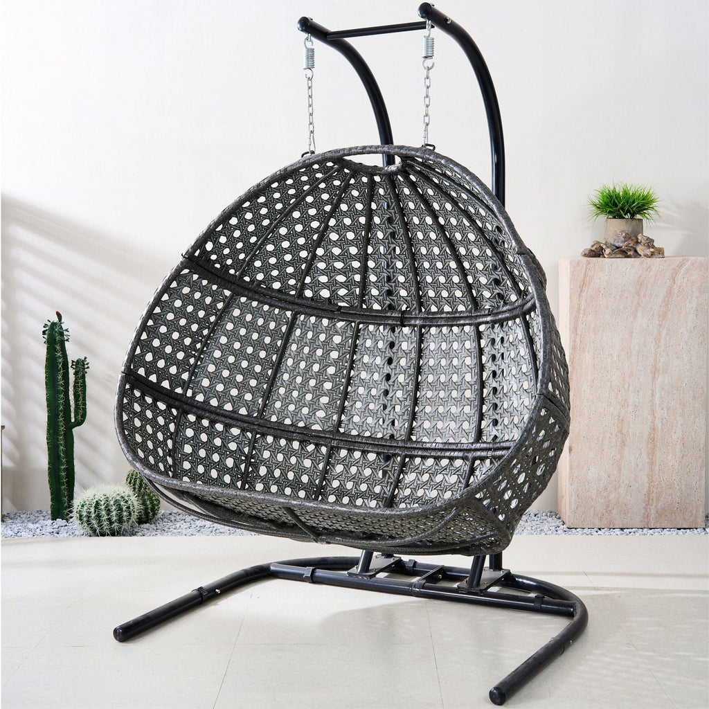 Double Wicker Swing Egg Chair,  All-Weather Rattan Hanging Hammock Chair for Home Bedroom Patio Balcony,Black&Grey