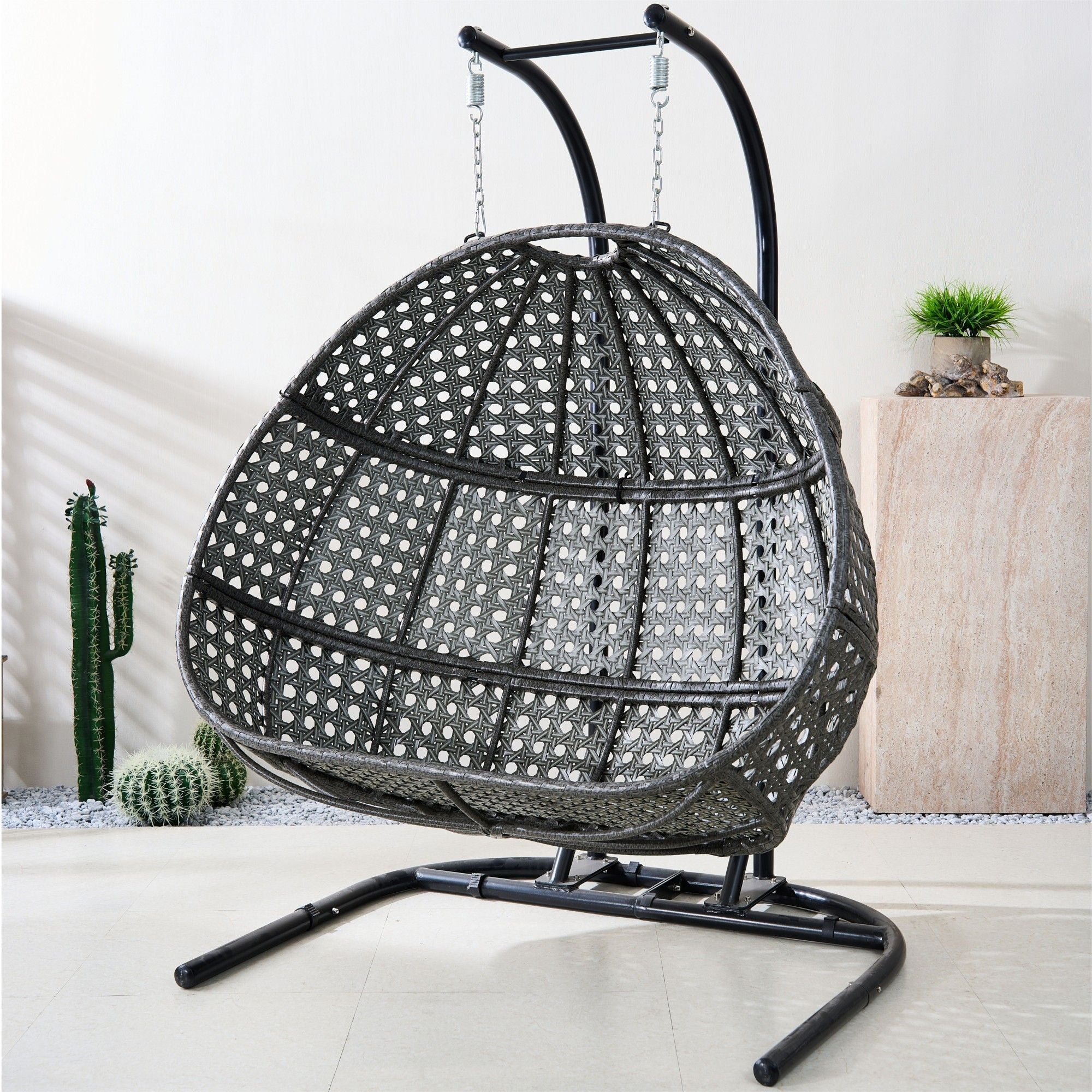 Double Wicker Swing Egg Chair,  All-Weather Rattan Hanging Hammock Chair for Home Bedroom Patio Balcony,Black&Grey