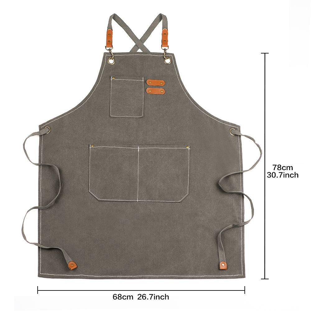 Xemussa Chef Aprons for Men Women with Large Pockets, Cotton Canvas Cross Back Heavy Duty Adjustable Work Apron, Size M to XXL
