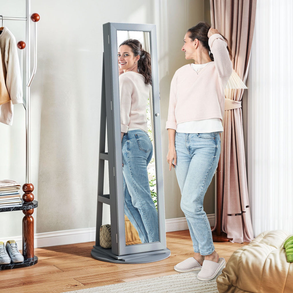 HOMCOM 360° Swivel Jewelry Armoire, Lockable Jewelry Cabinet with Full-Length Mirror, Storage Shelves, Gray