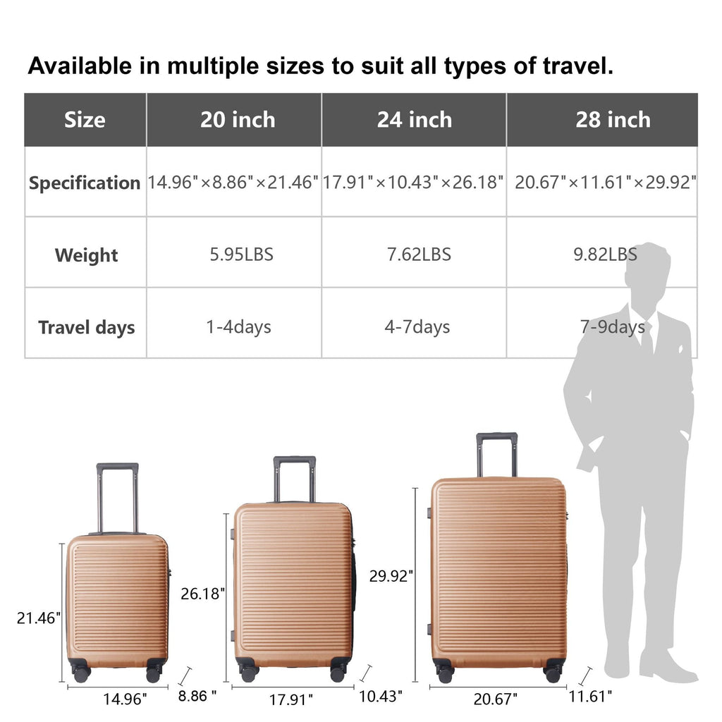 Luggage Sets ABS Hardshell 3pcs Luggage, Lightweight Durable Suitcase sets Spinner Wheels Suitcase with TSA Lock 20''24''28'' Available(Brown)