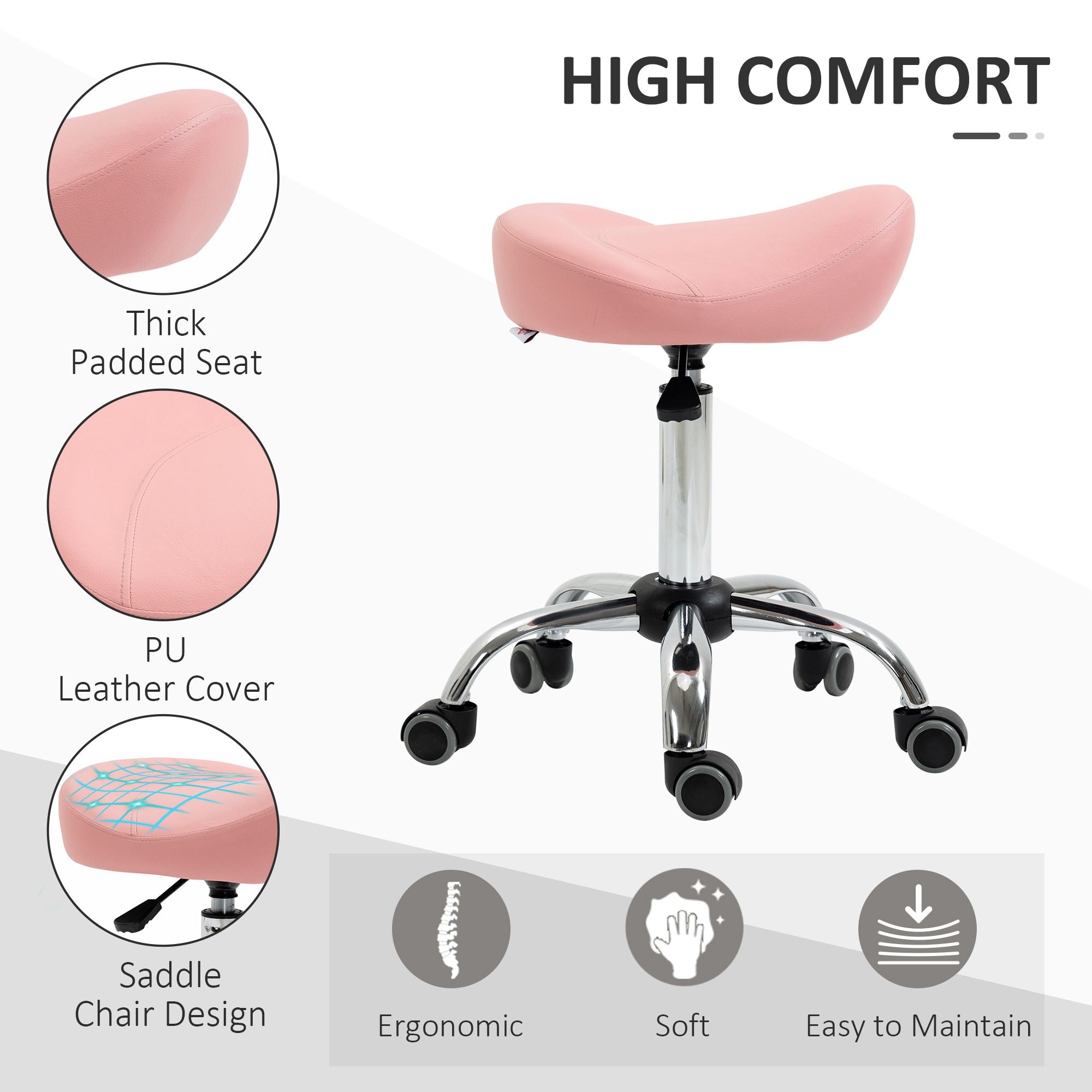 Saddle Stool Chic: Height Adjustable Rolling Salon Chair in Pink PU Leather for Massage, Spa, Clinic, Beauty, and Tattoo