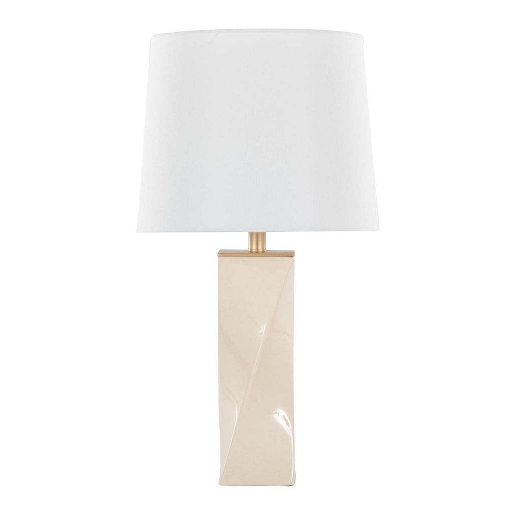 Curvo Square Contemporary 27" Ceramic Table Lamp in Cream Ceramic, Gold Metal, and White Linen by