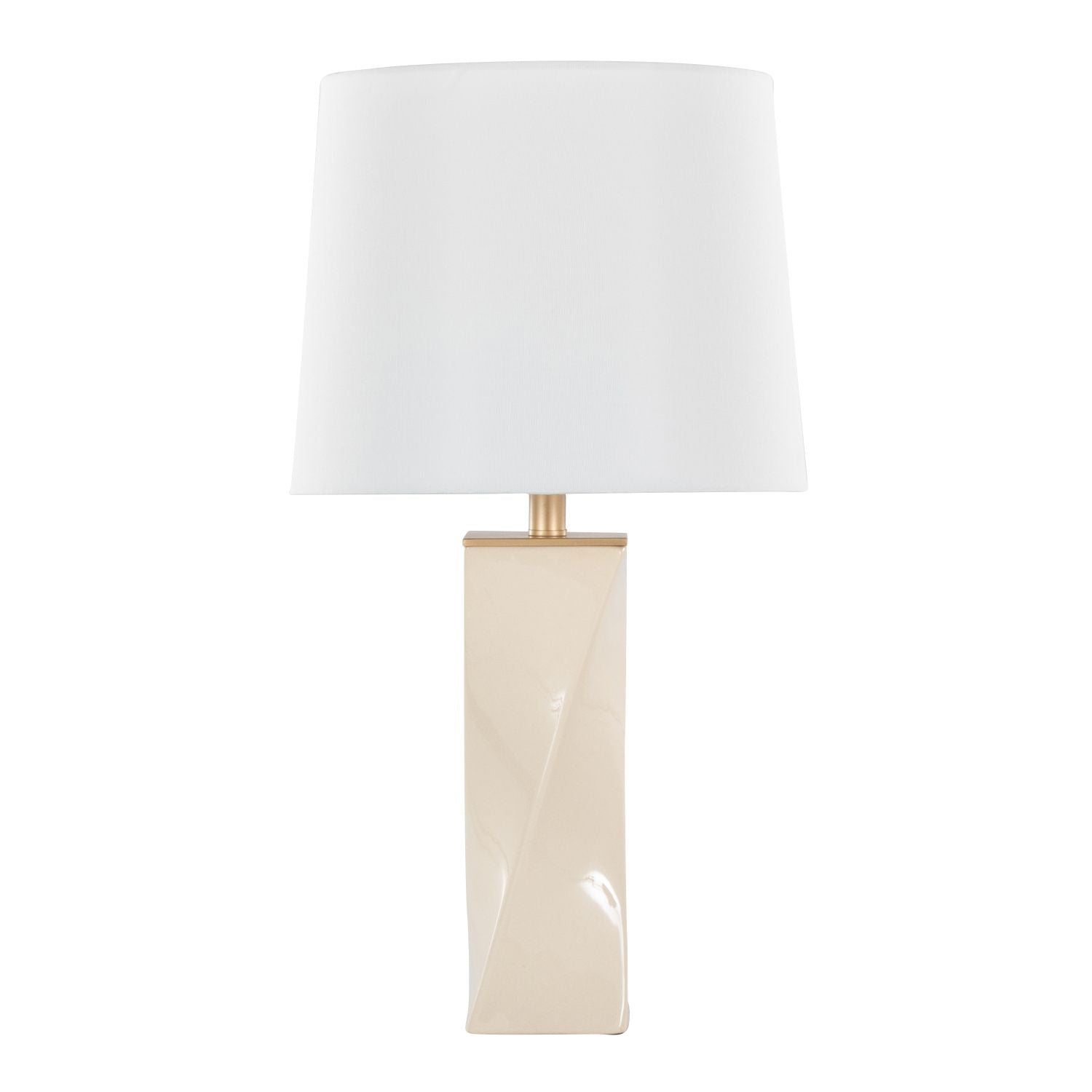Curvo Square Contemporary 27" Ceramic Table Lamp in Cream Ceramic, Gold Metal, and White Linen by
