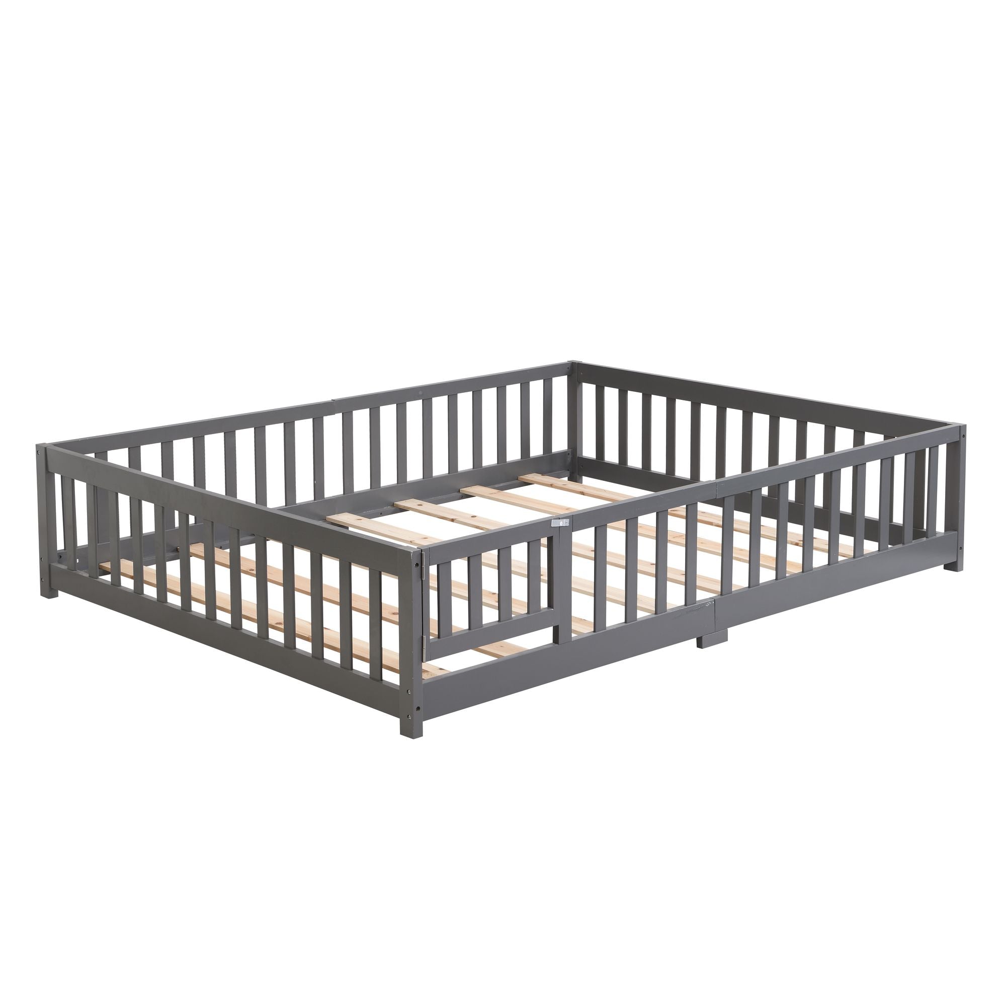 Full Size Floor Bed with Door, Solid Wood Platform Bed Frame with Fence, Suitable for children, Pine Wood