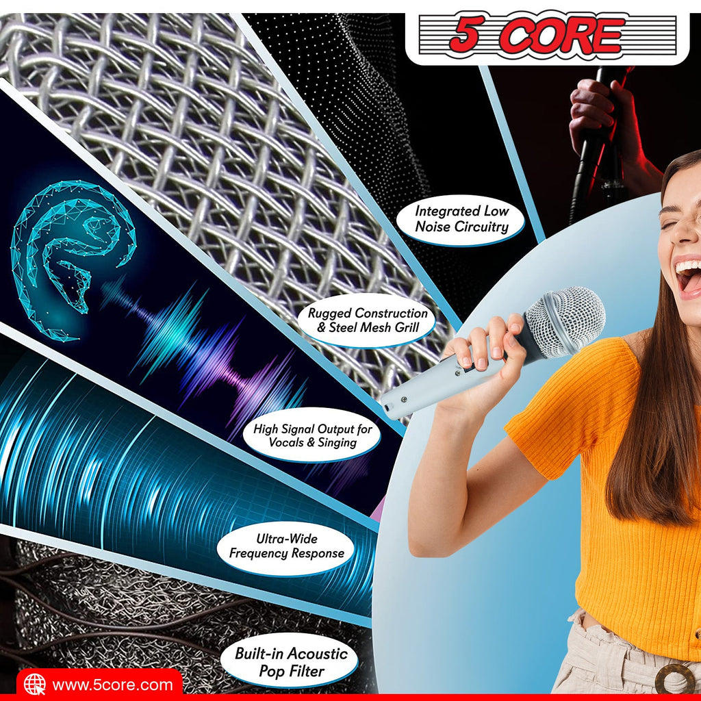 5 Core Microphone Wired Dynamic Vocal Handheld Mic Cardioid Karaoke Unidirectional Microfono w On and Off Switch Includes XLR Audio Cable for Singing, Public Speaking & Parties PM 305