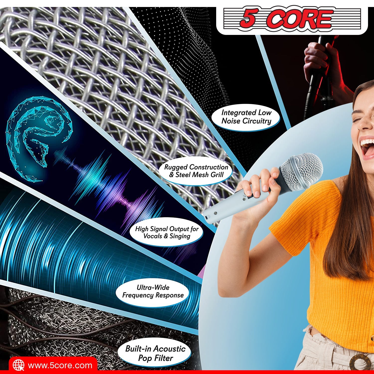 5 Core Microphone Wired Dynamic Vocal Handheld Mic Cardioid Karaoke Unidirectional Microfono w On and Off Switch Includes XLR Audio Cable for Singing, Public Speaking & Parties PM 305