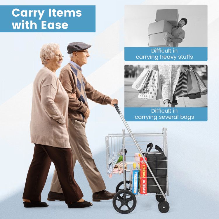 Folding Shopping Cart with Swiveling Wheels and Dual Storage Baskets