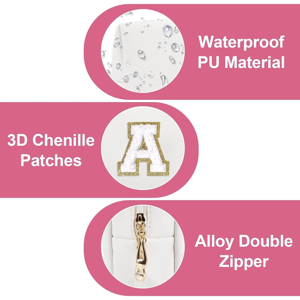 Small Personalized Initial A-Z Preppy Patch Makeup Bag,White PU Chenille Letter Travel Cosmetic Pouch with Zipper,Cute Toiletry Bag,Gift Ideal for Teen Girls Women Teacher Bridesmaid,Letter A