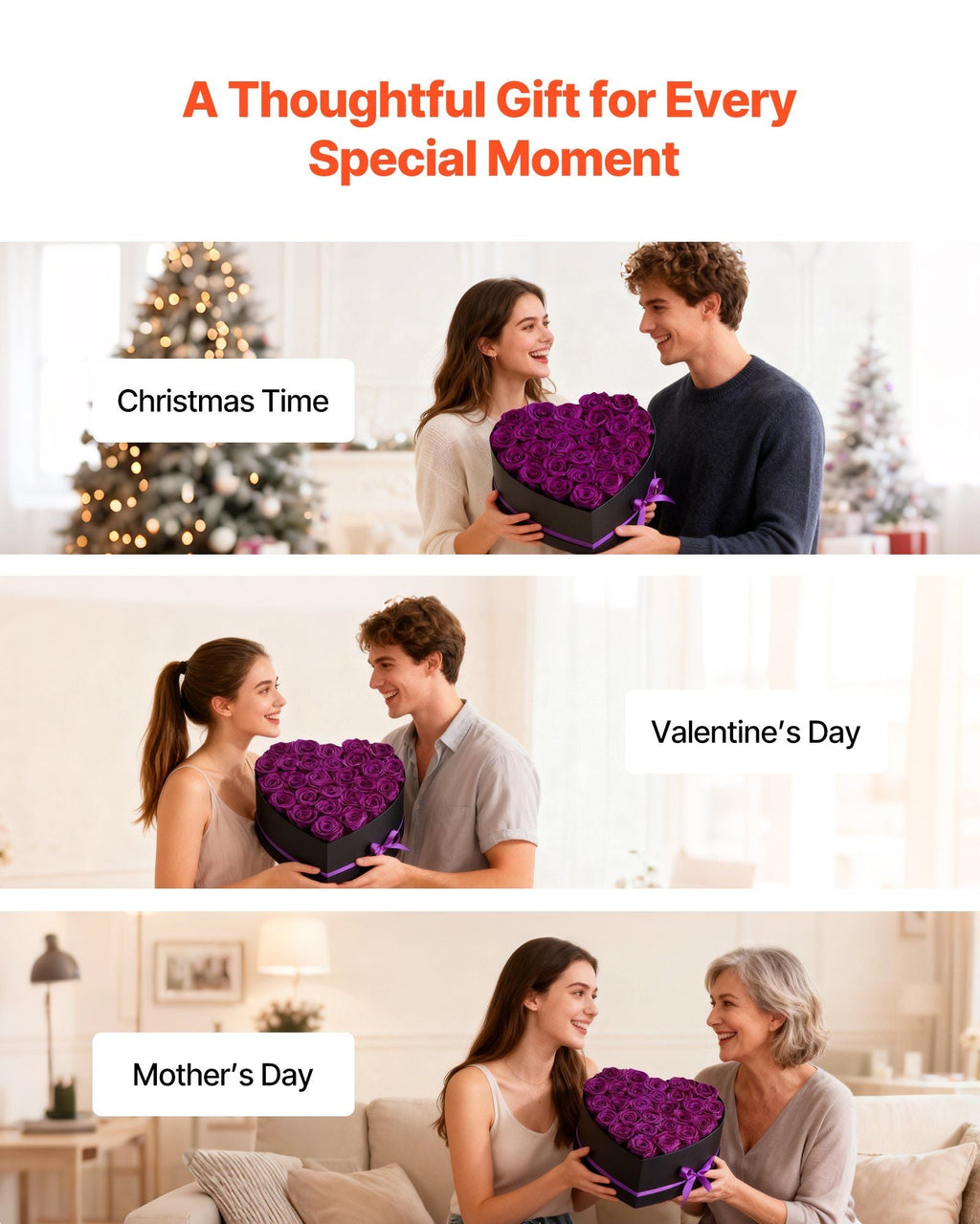 Forever Flowers, 27 Preserved Roses in Heart Shape Box, Eternal Flowers Immortal Bouquet Birthday Present for Women Her Wife Mothers, Anniversary, Valentine's Day,Christmas, Purple
