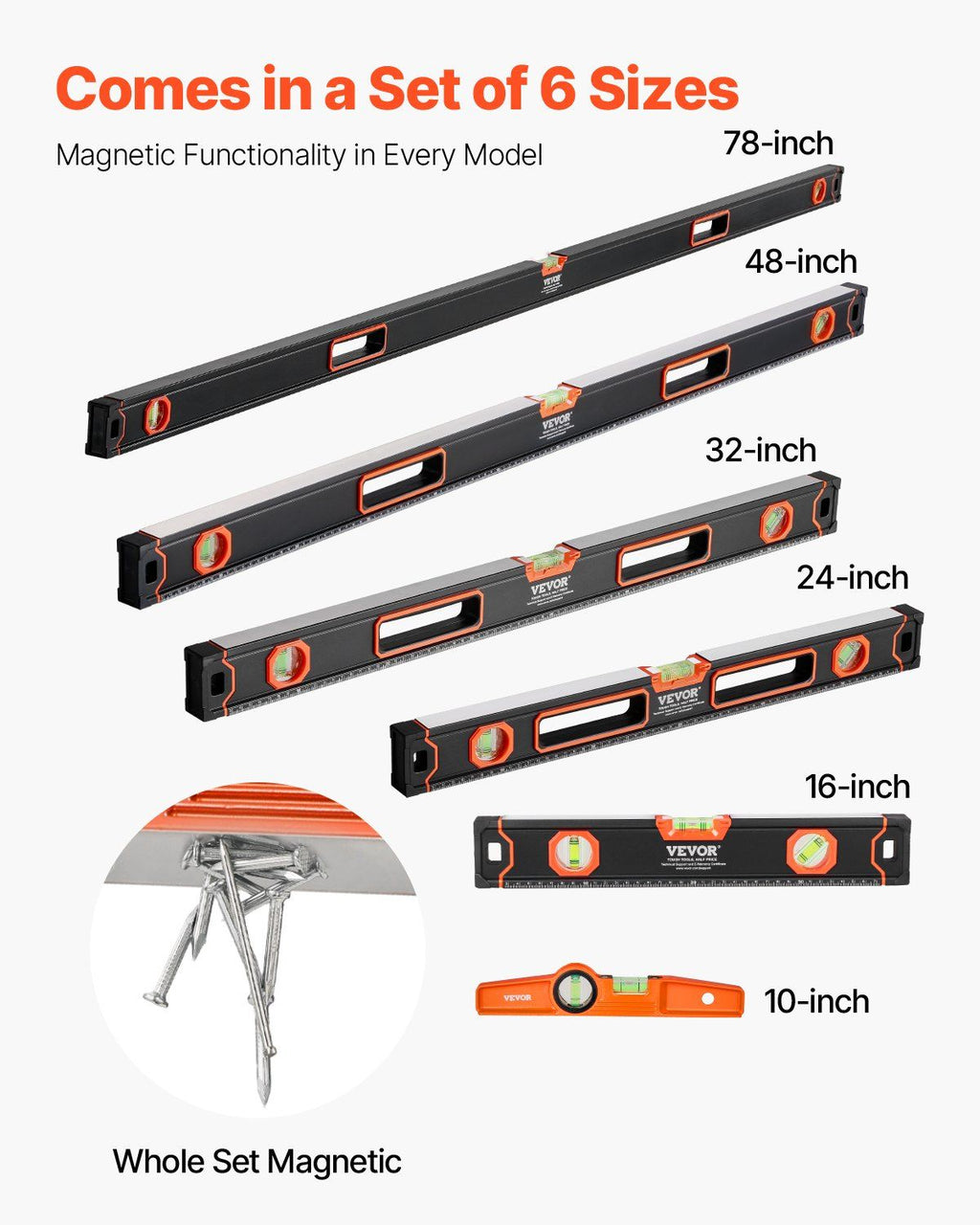 6-Piece Torpedo Level, 78/48/32/24/16/10 Inch All Magnetic Levels Set, Bubble Vials Ruler for 45/90/180 Degree, Aluminum Alloy Magnetic Box Leveler Tool, Shock-Resistance, SAE and Metric Scale