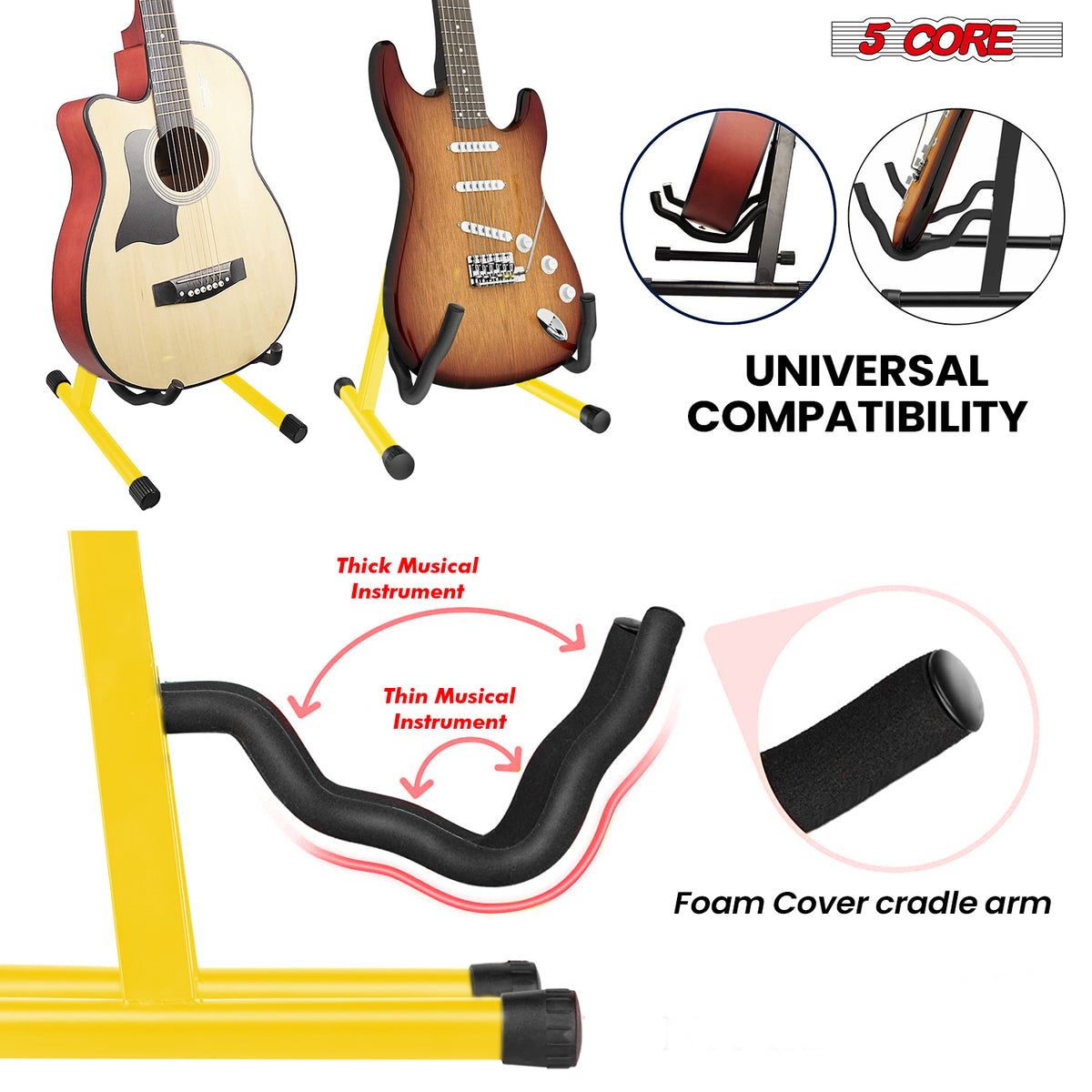 5 CORE Double Guitar Stand Floor 2Pcs Adjustable Heavy Duty A Frame Universal Folding Acoustic Electric Bass Mandolin Banjo Violin Holder Stands For On Stage Studio - GSS YLW 2PCS