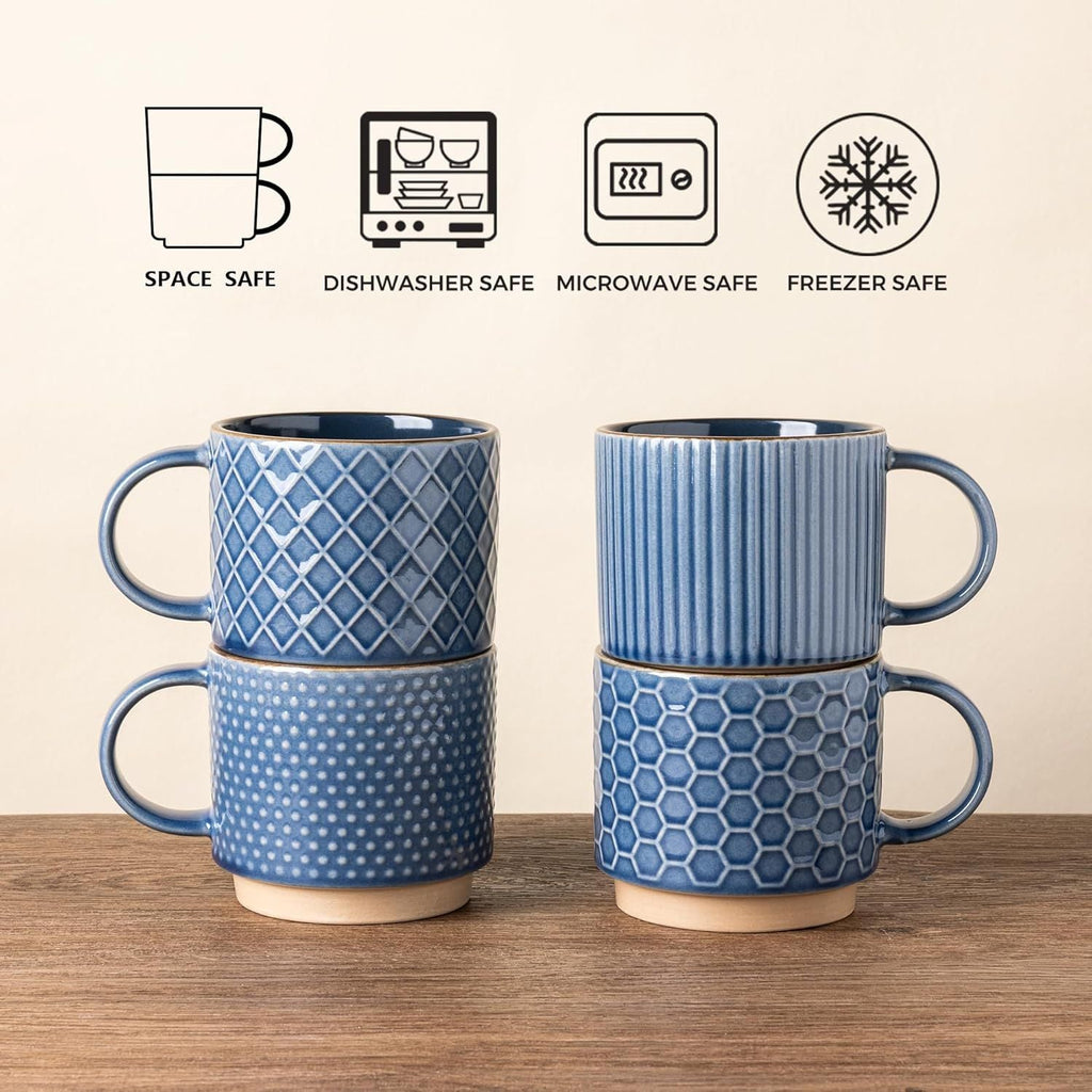 12 OZ Stackable Coffee Mugs, Ceramic Coffee Mugs with Texture Patterns for Man,Woman,Dad,Mom, Modern Coffee Cups Set of 4 for Latte/Cappuccino/Cocoa. Dishwasher&Microwave Safe