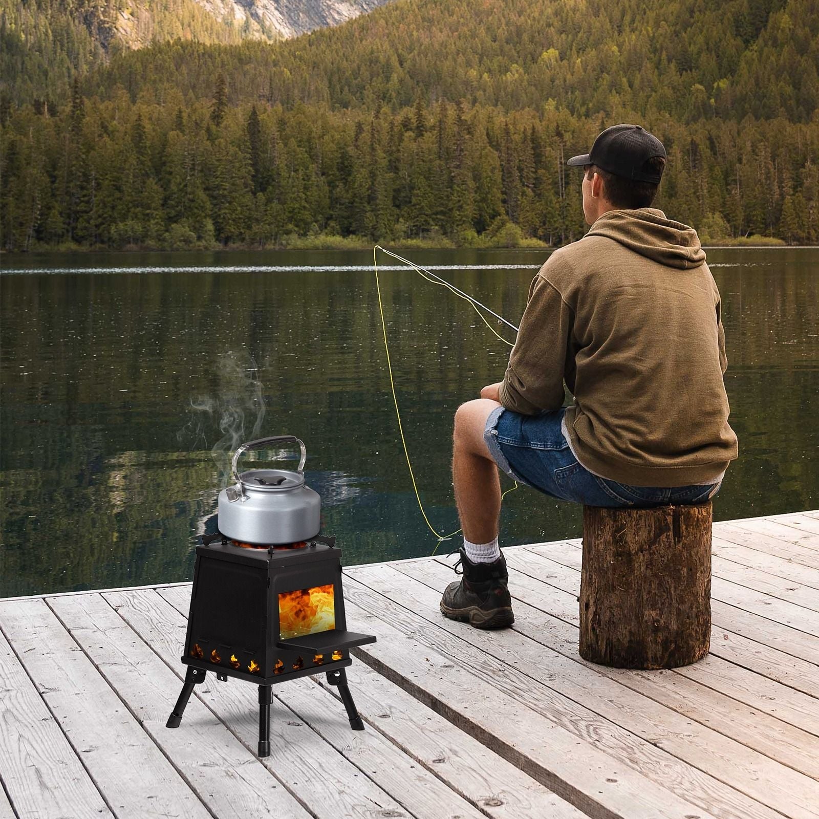 Portable Camping Stove with Detachable Iron Panels Black 27x27x34cm Lightweight Foldable Outdoor Wood Burning Fire Pit for Picnic BBQ Hiking Backpacking Compact Campfire Cooking Heater