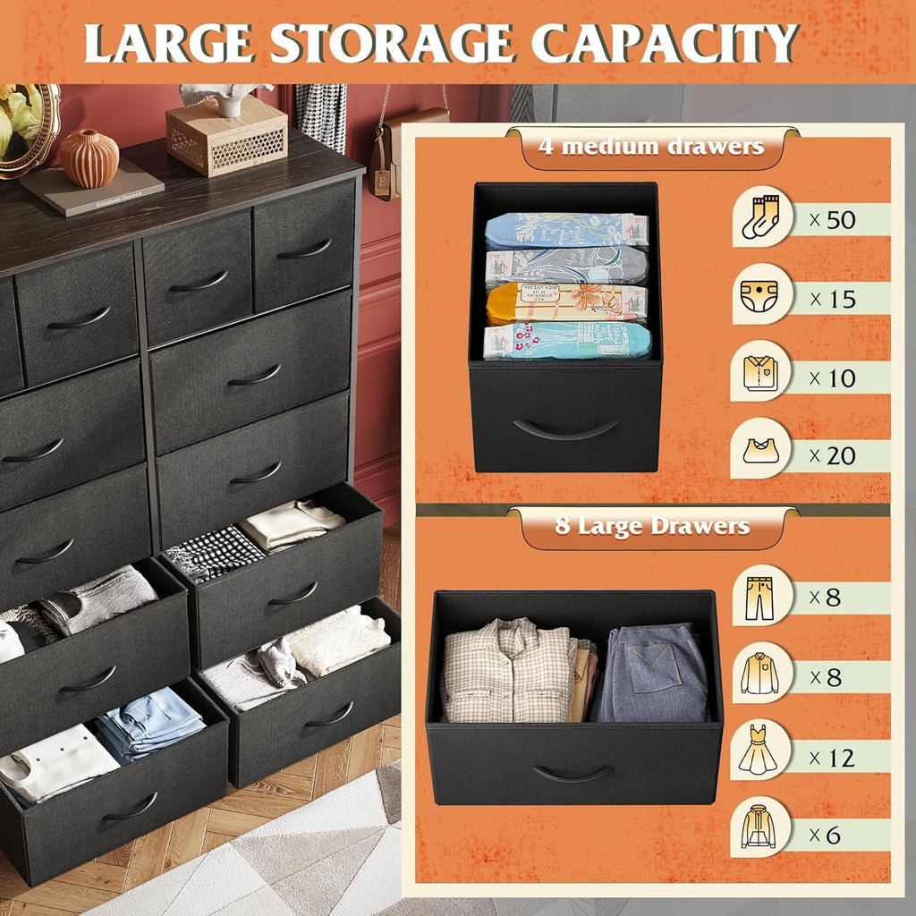 Tall Dresser for Bedroom with 12 Drawers, Dressers & Chests of Drawers, Fabric Dresser for Closet, Living Room, Storage Dressers with Storage Drawers, Steel Frame, Wood Top