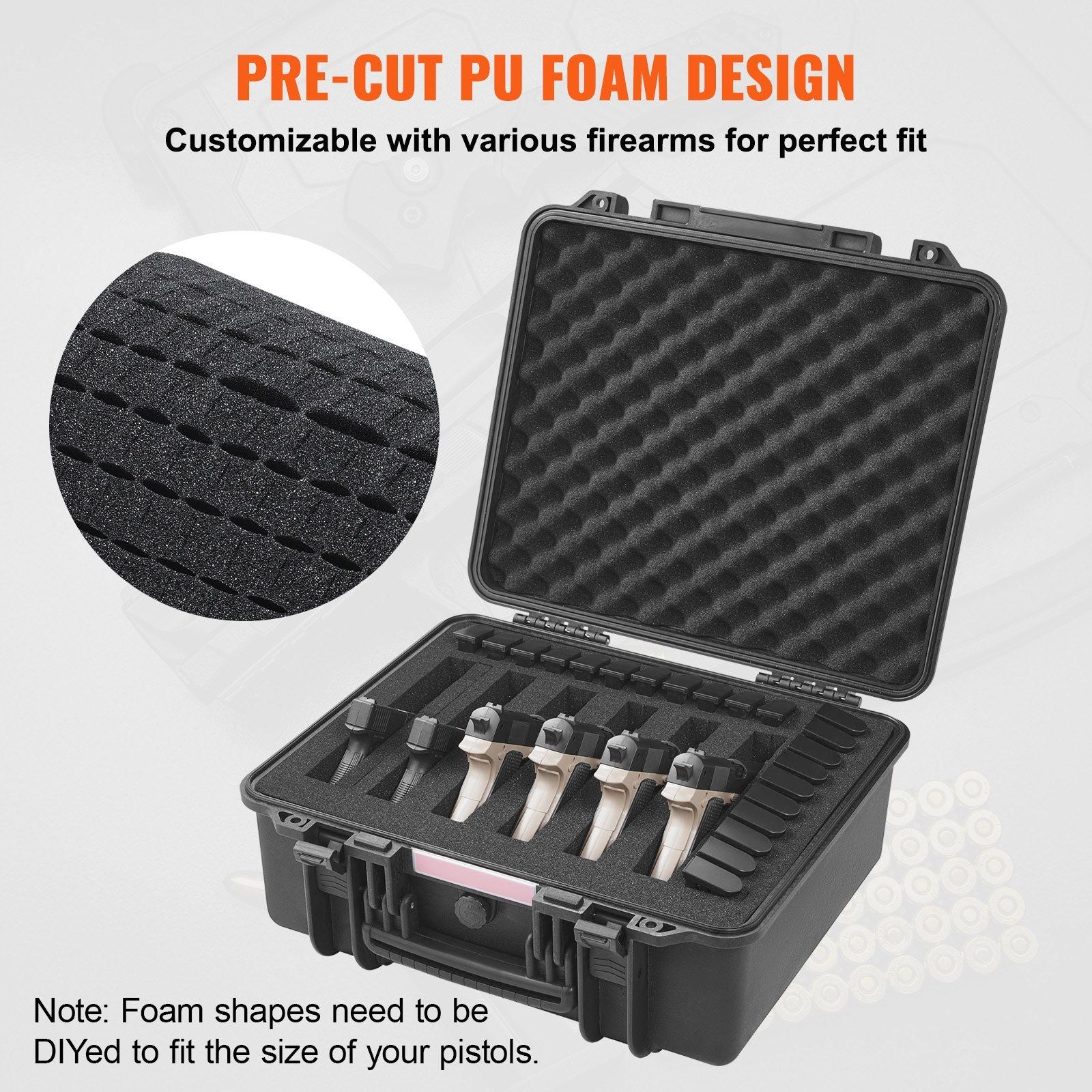 VEVOR Hard Pistol Cases with Pre-cut PU Foam, Waterproof & Dustproof Hard Gun Case for 6 Pistol, 19.3×17.1×8.3 in Lockable Pistol Case, Black