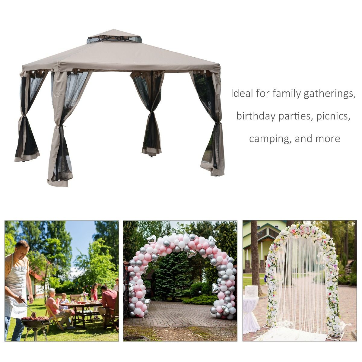 Outsunny 10' x 10' Gazebo Tent, Canopy with Mosquito Netting SideWalls, 2-Tier Vented Roof, Fabric for Garden, Lawn, Backyard, Taupe