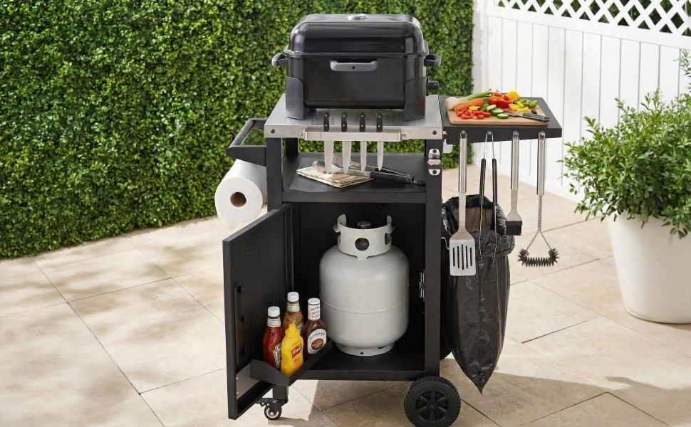 K&K 33.9" Outdoor Grill Cart with Drop Leaf, Outdoor Metal Bar Cart Pizza Oven Table with Wheels, Stainless Steel Top, Outdoor Kitchen Island with Storage Cabinet & Spice & Paper Rack for BBQ, Waterpr