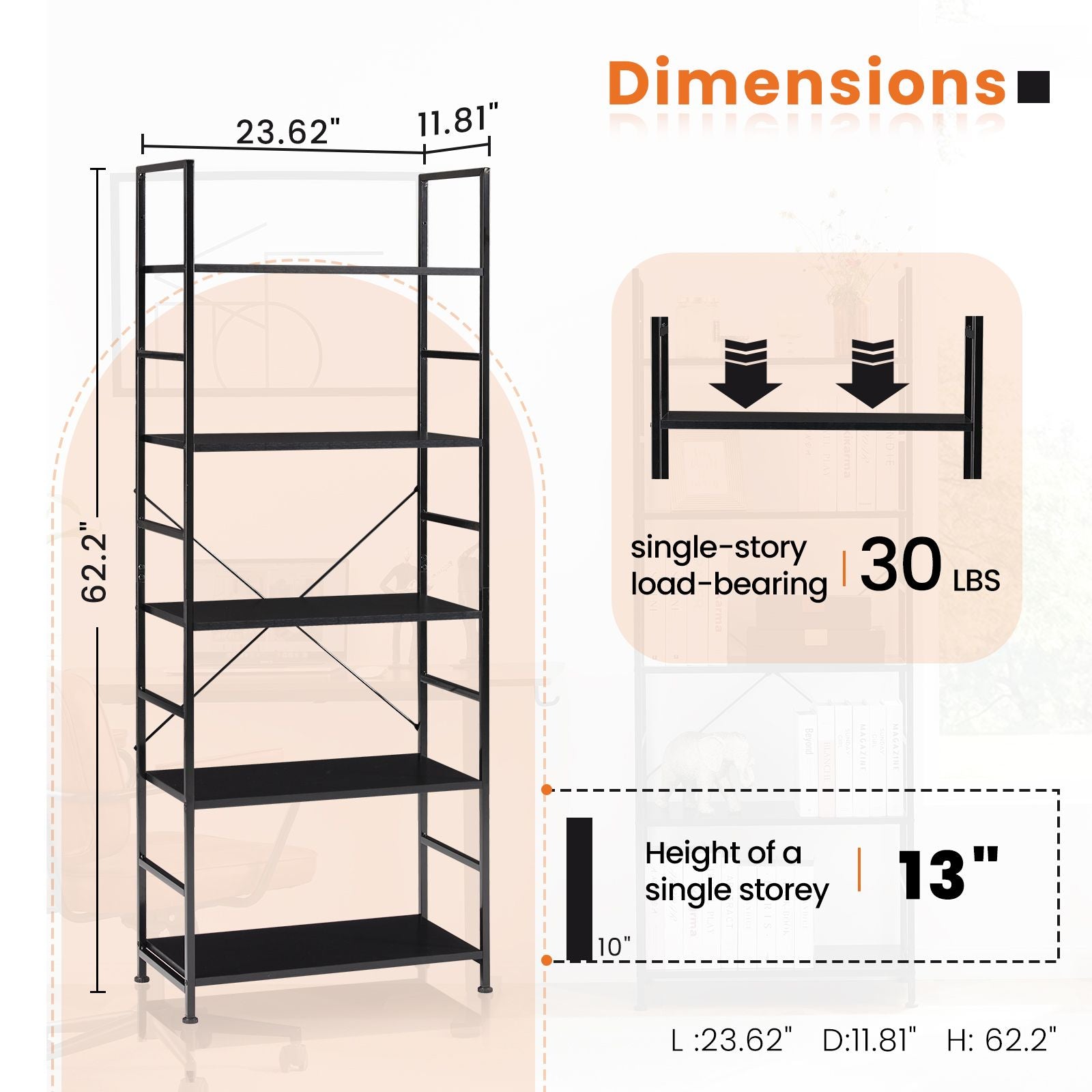 5 Tiers Bookshelf, Classically Modern Book Shelf, Book Rack, Storage Rack Shelves in Living Room/Home/Office