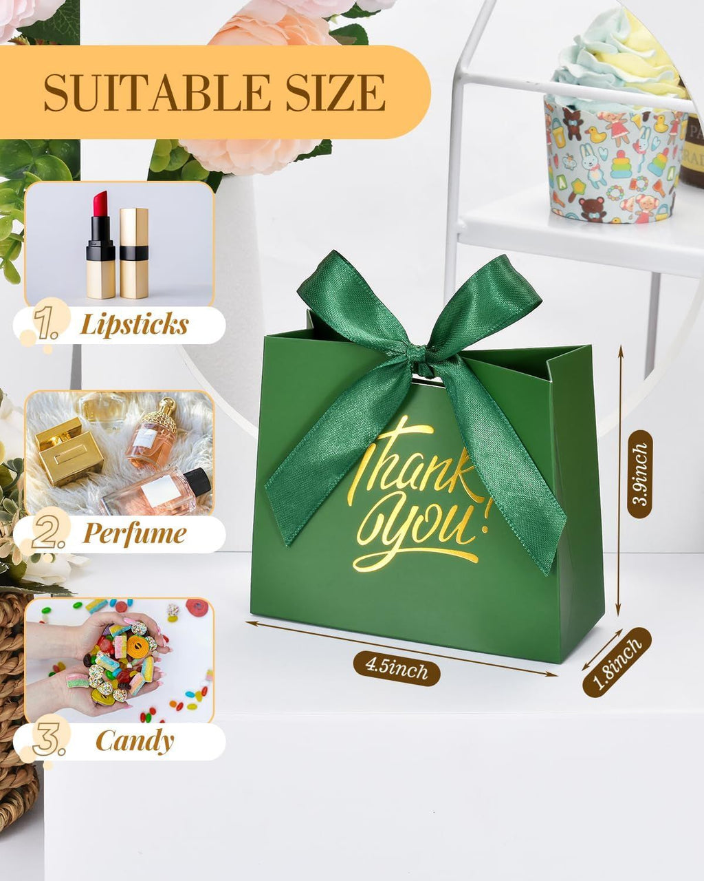 Small Gift Bags, 25 Pack 4.5x1.8x3.9 Inches Thank You Bags Green Kraft Paper Gift Bags with Bow Ribbon, Candy Bags for Birthday Wedding Baby Shower