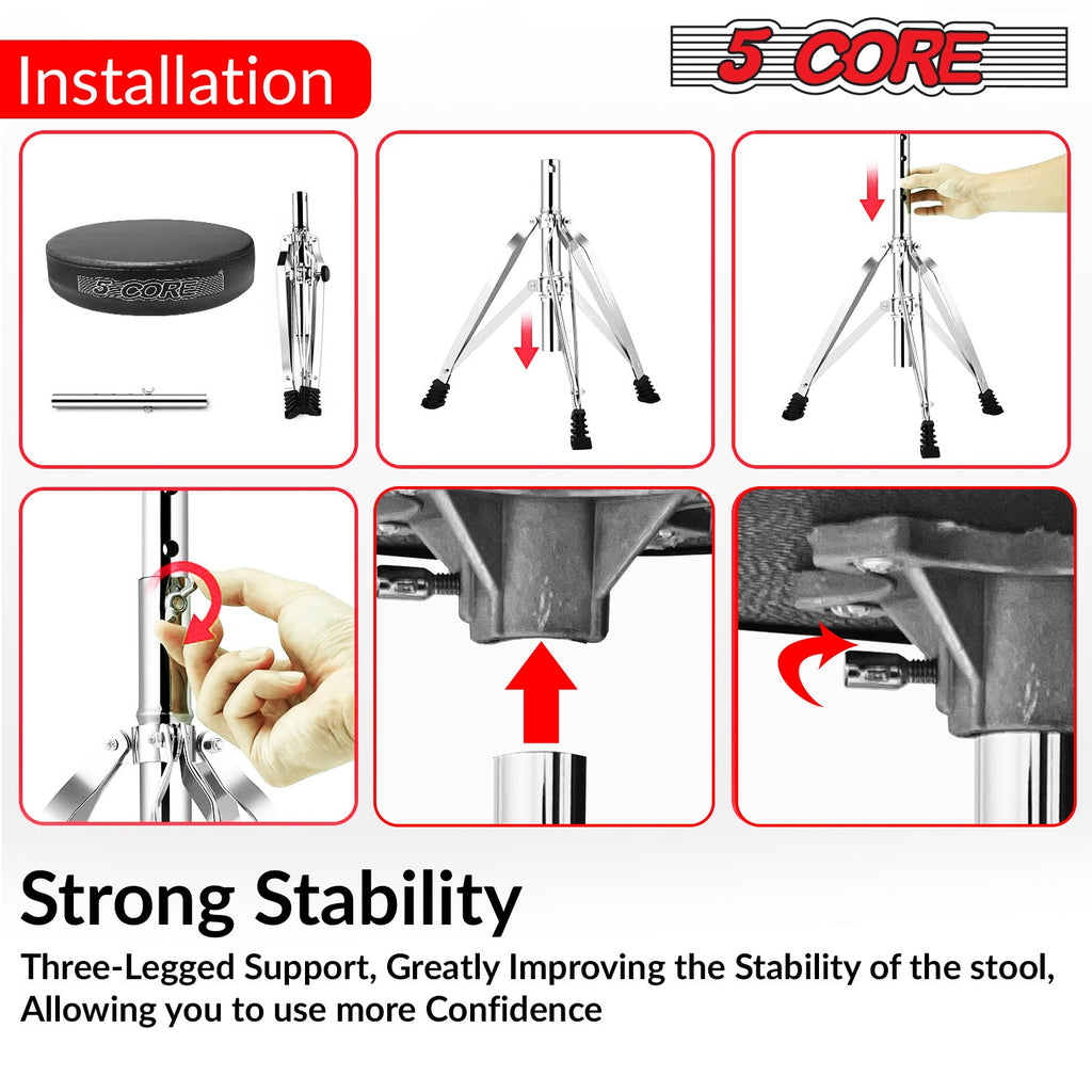 5 Core CHROME PRO Universal Drum Chair Round Padded Seat Throne Drum Stool Stand DS CH BLK