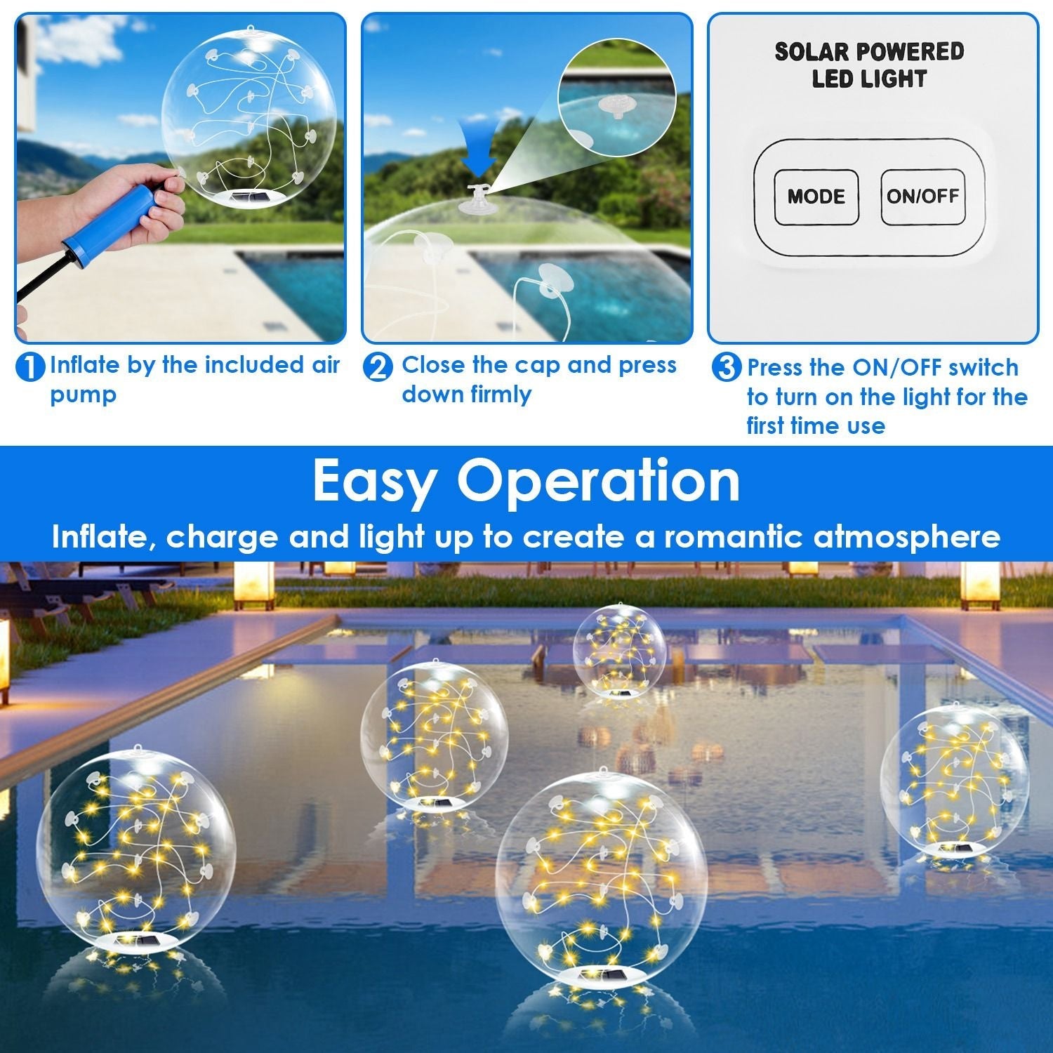 2Pcs Floating Pool Lights 14in Solar Powered Pool Balls IP68 Waterproof Inflatable Pool Decoration Lights with Remote Control 3 Light Modes Timer Adjustable Brightness