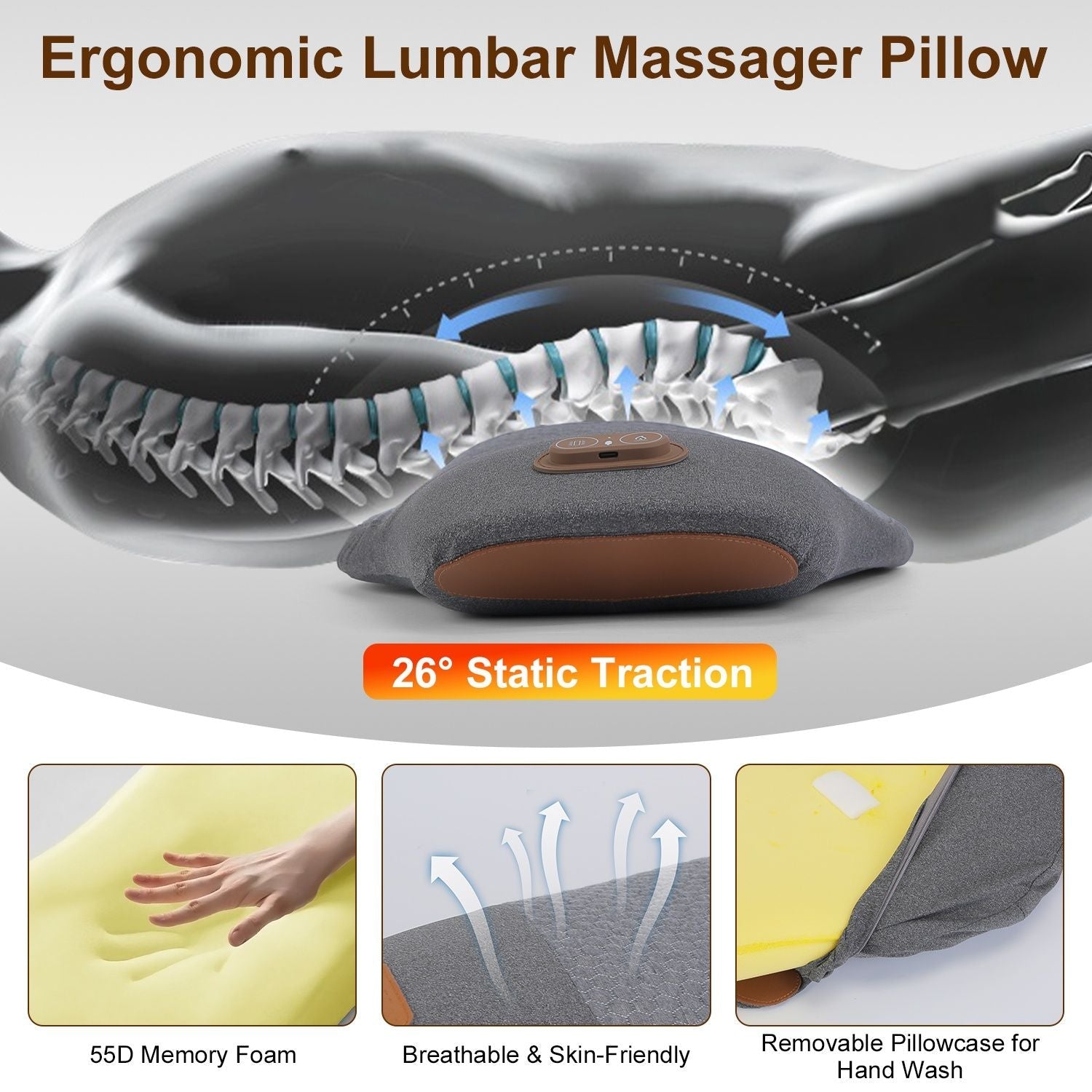 2 In 1 Electric Lumbar Massager Support Pillow Memory Foam Lower Back Massager with Heat Vibration Adapter for Pain Relief