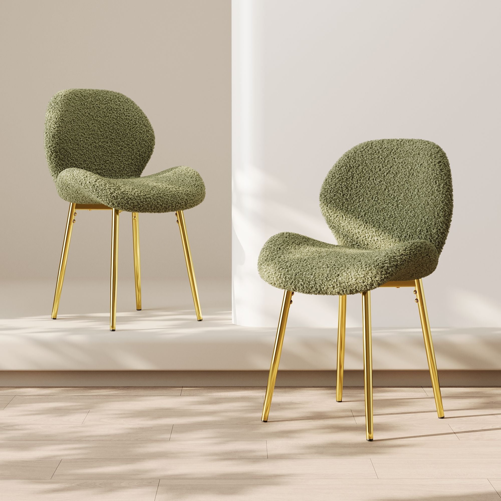 Modern minimalist white teddy velvet Dining Chairs Set of 2 with sturdy gold metal legs and comfortable backrest design, suitable for restaurants, kitchens, and offices.