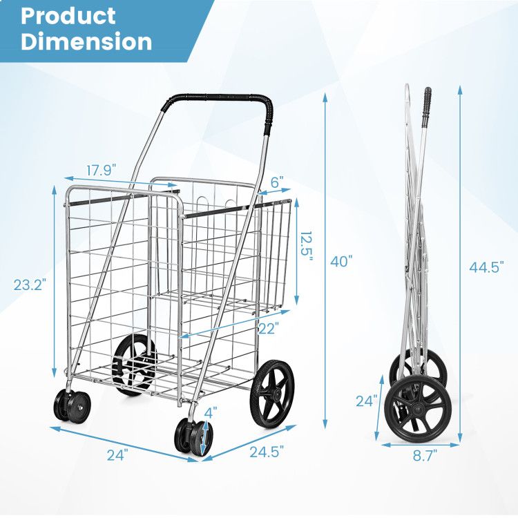 Folding Shopping Cart with Swiveling Wheels and Dual Storage Baskets