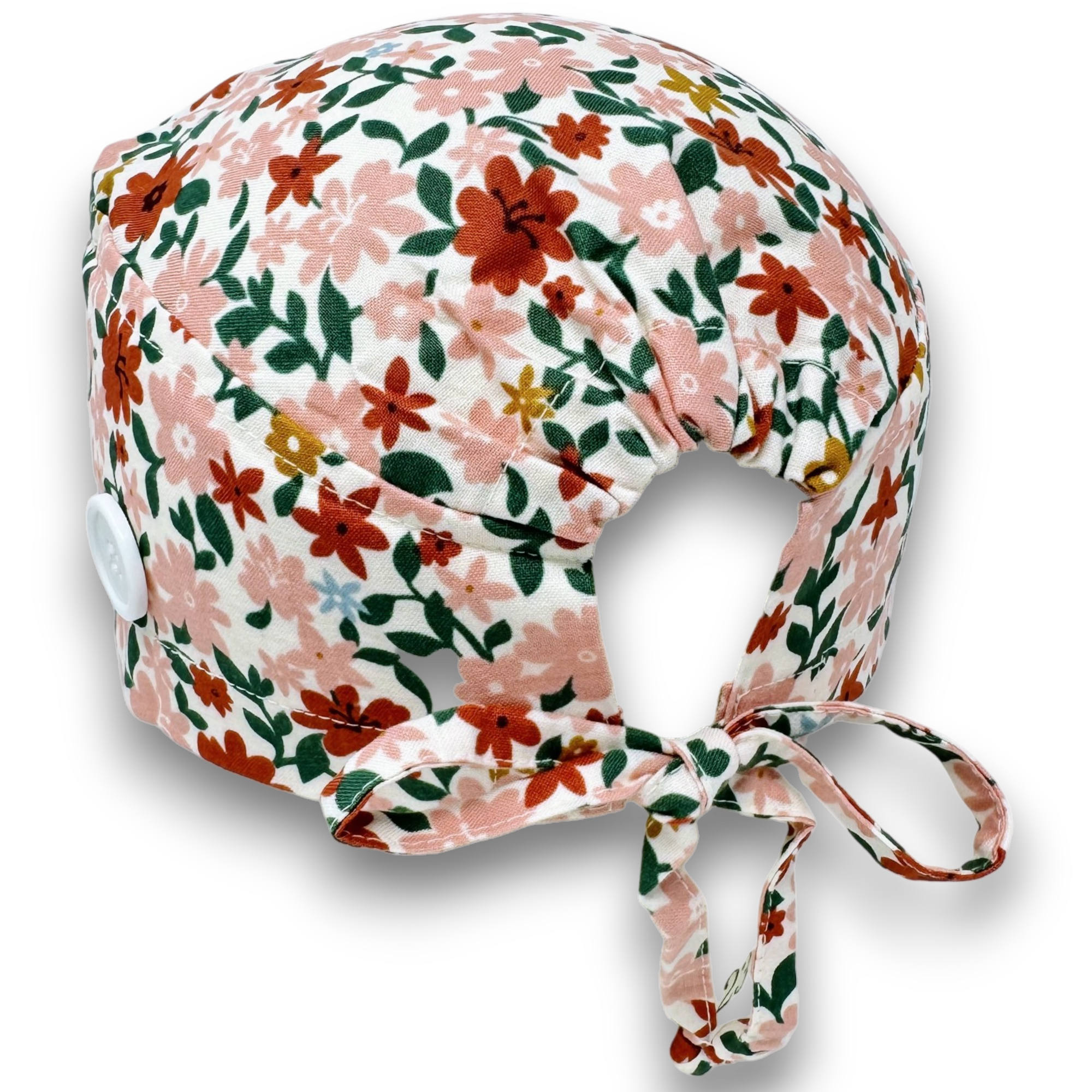 Floral Skull tie-back style surgical scrub cap by Paradise Caps.