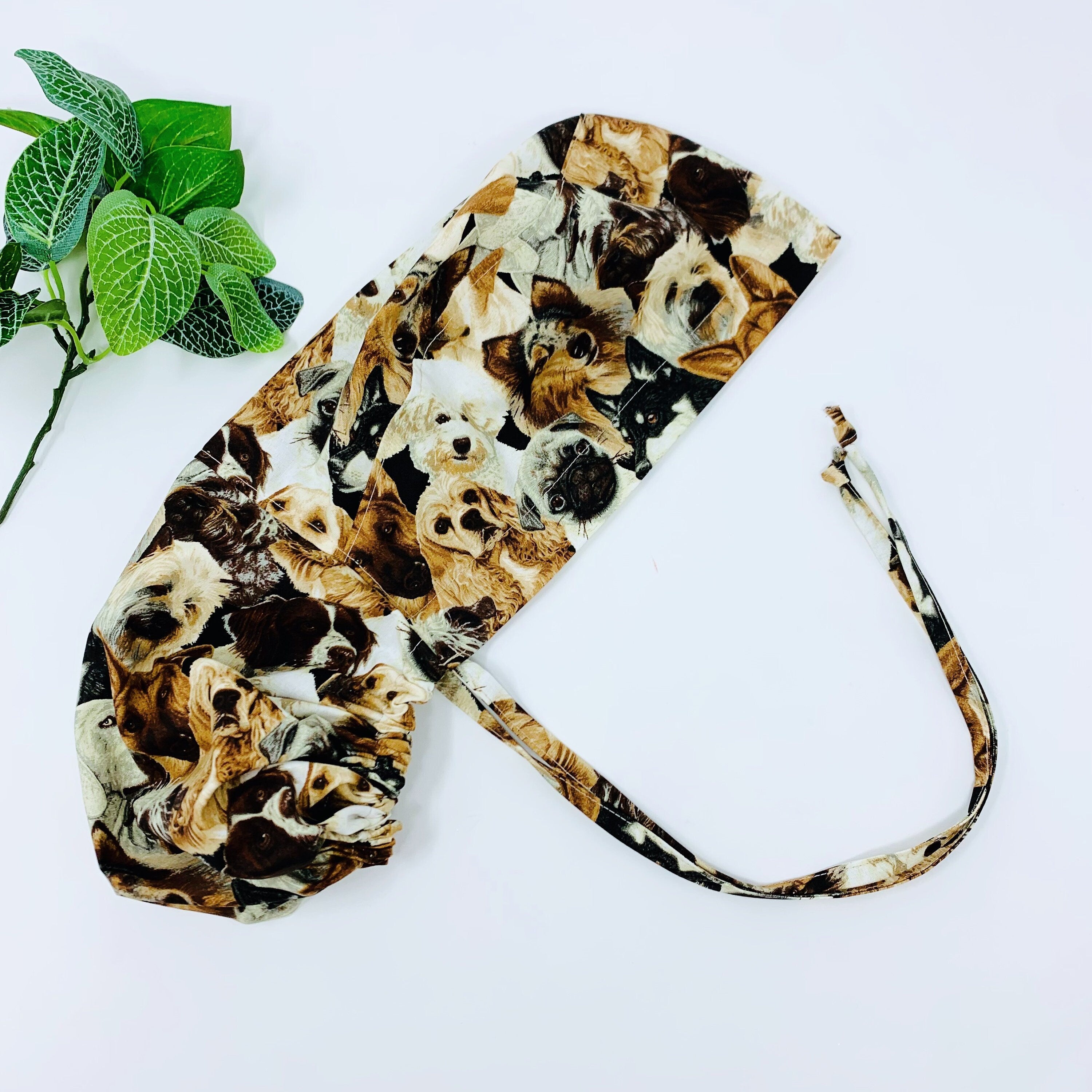 Dogs Ponytail scrub cap for women with satin lined option by Paradise Caps.