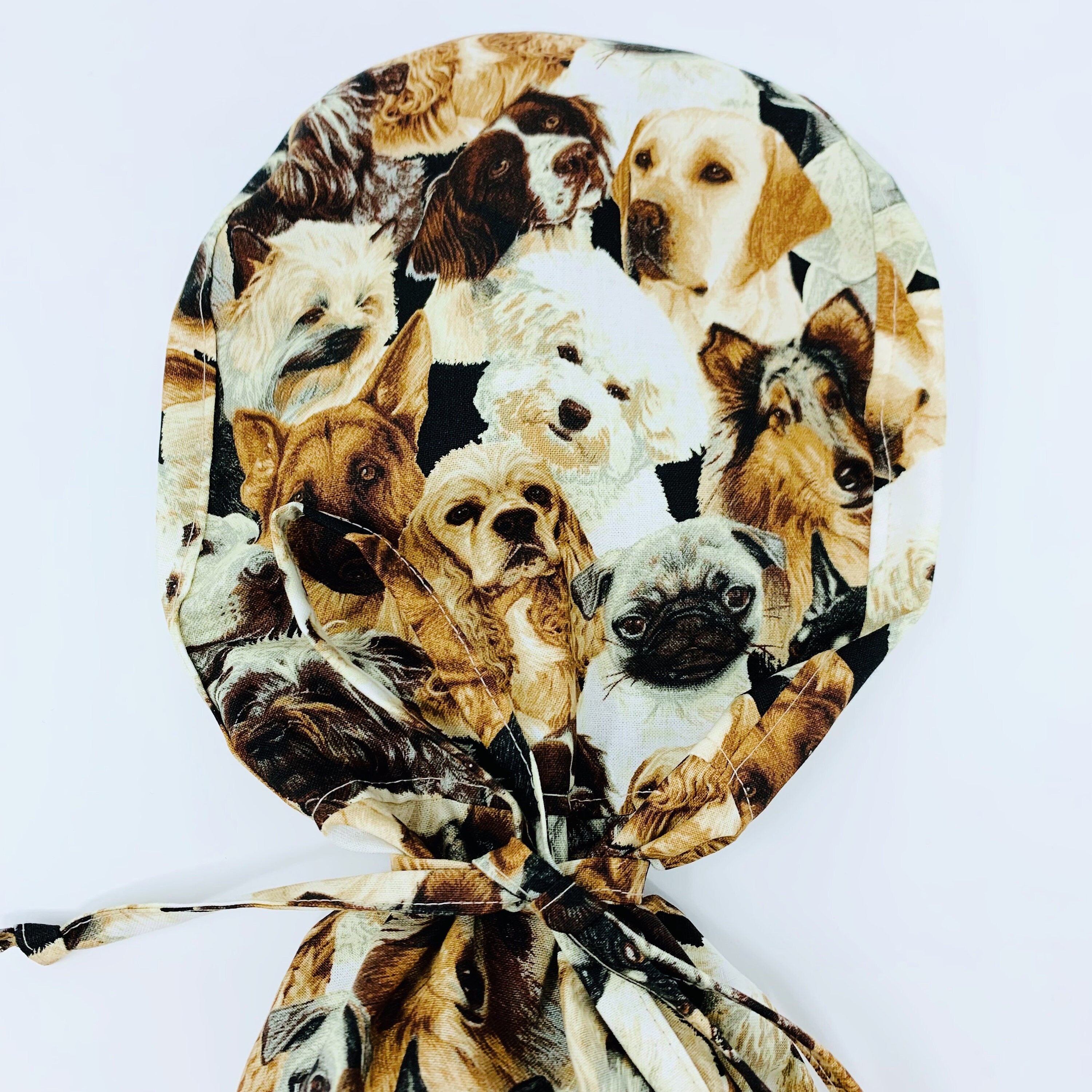 Dogs Ponytail scrub cap for women with satin lined option by Paradise Caps.