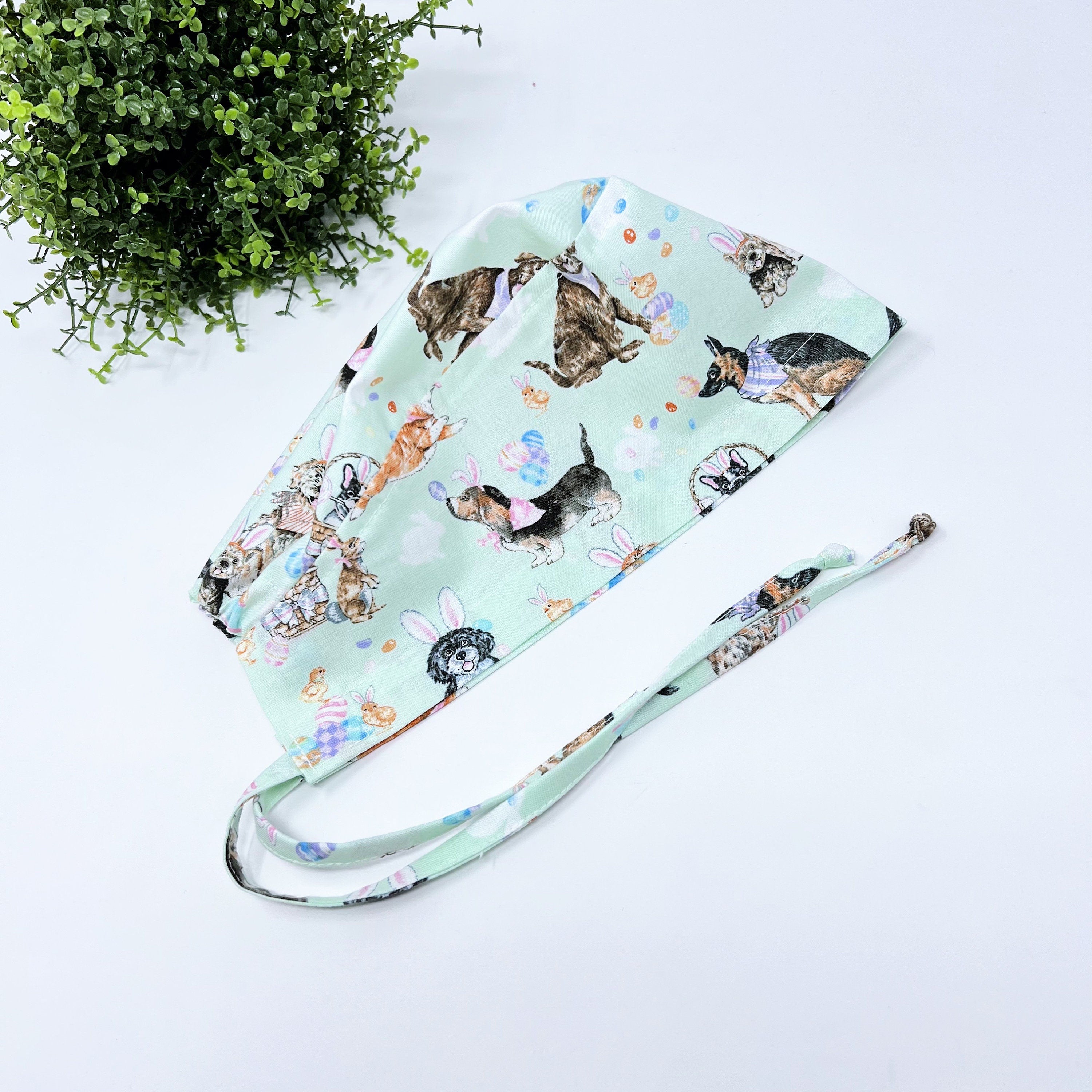 Easter dogs Skull tie-back style surgical scrub cap for men by Paradise Caps.