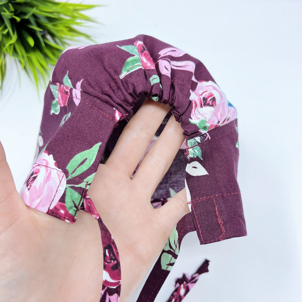 Berry Rose Skull tie-back style surgical scrub cap for men by Paradise Caps.
