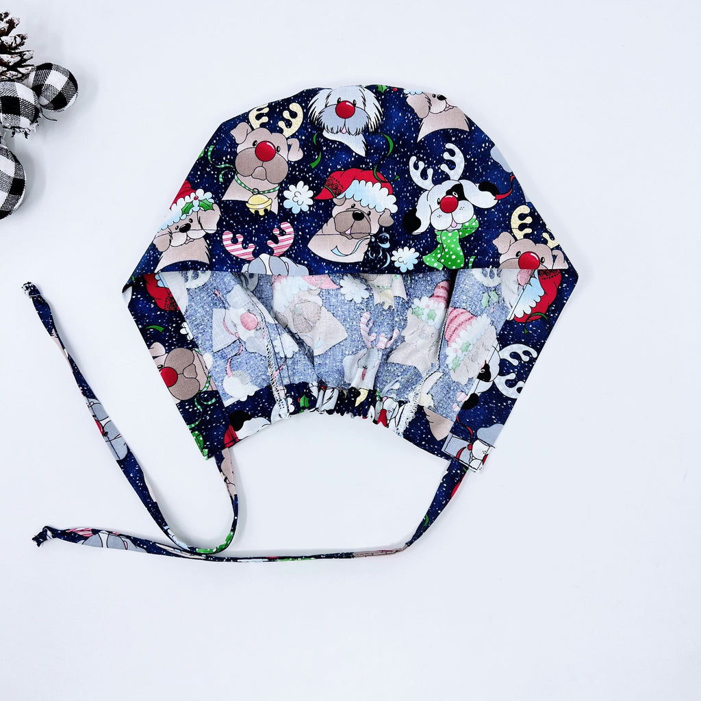 Christmas dogs skull tie-back style surgical scrub cap for men by Paradise Caps.